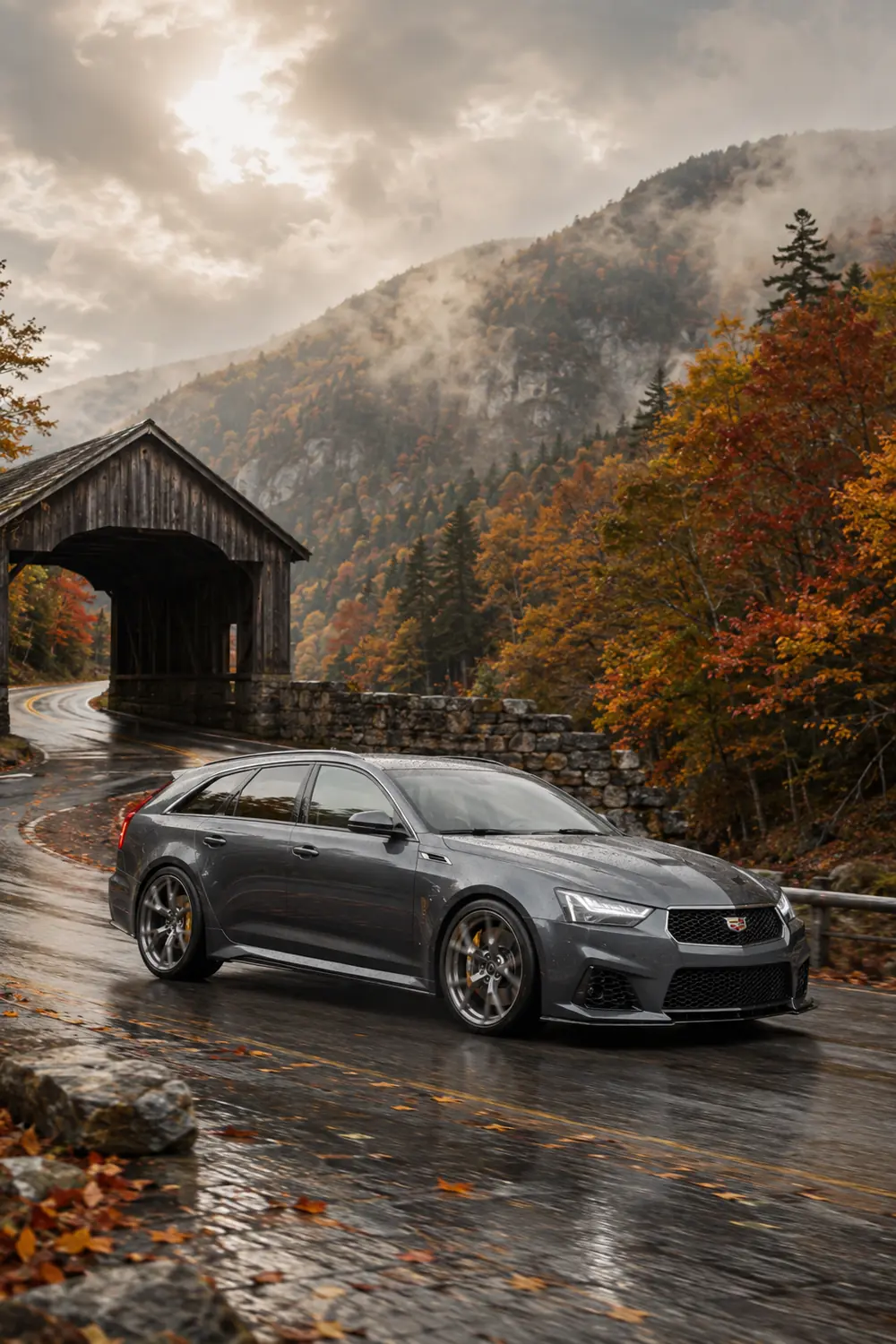 АВТО 1003860 серый Cadillac CTS V Wagon на осенней дороге