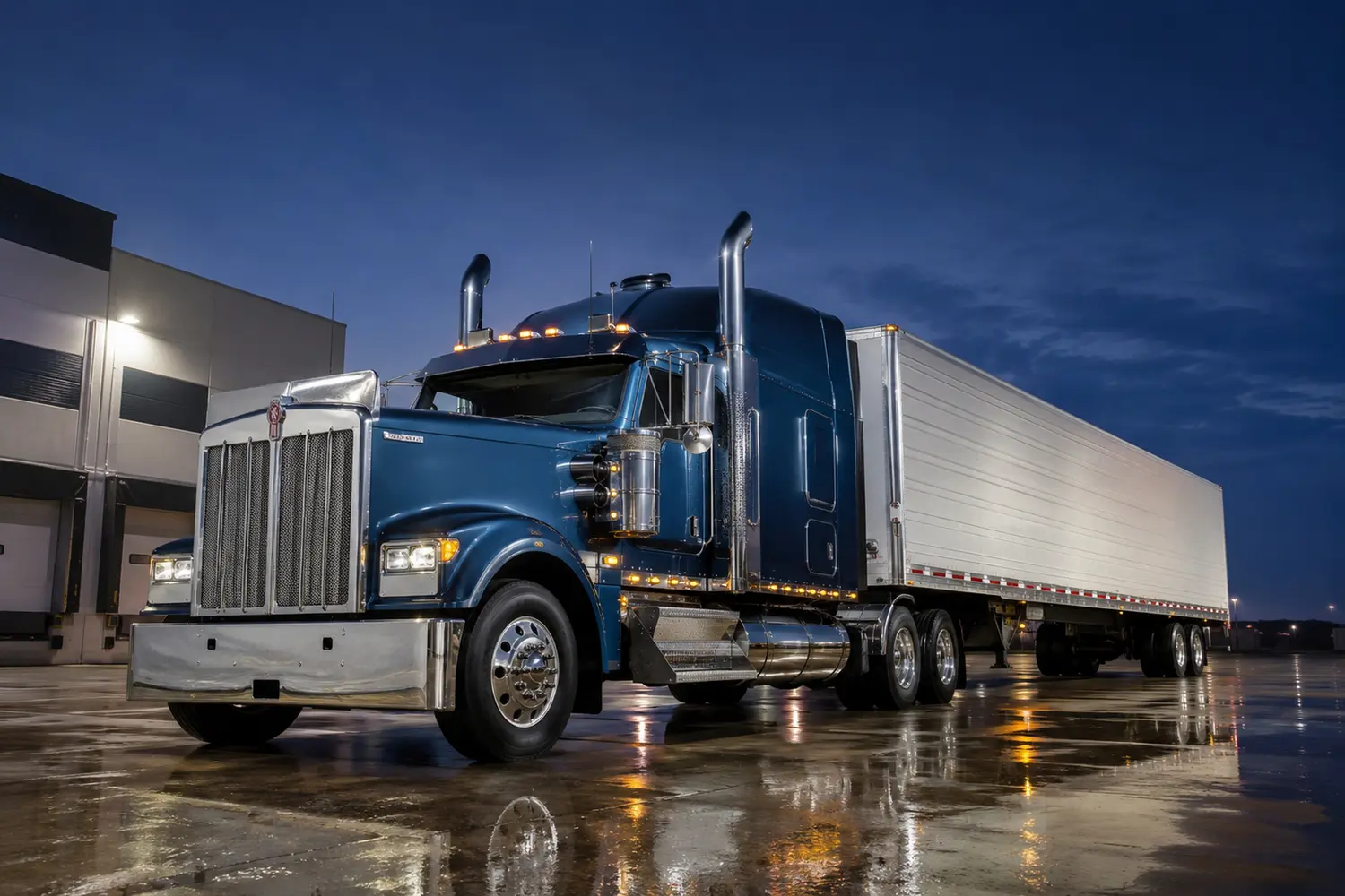 АВТО 1003781 синий американский тягач Kenworth у терминала