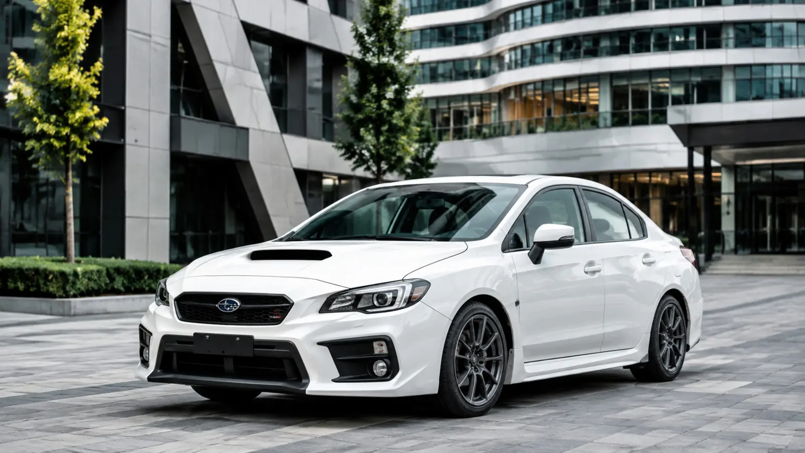 АВТО 1003046 белый Subaru WRX крупно общий ракурс с выразительной архитектурой в современном дворе Казани