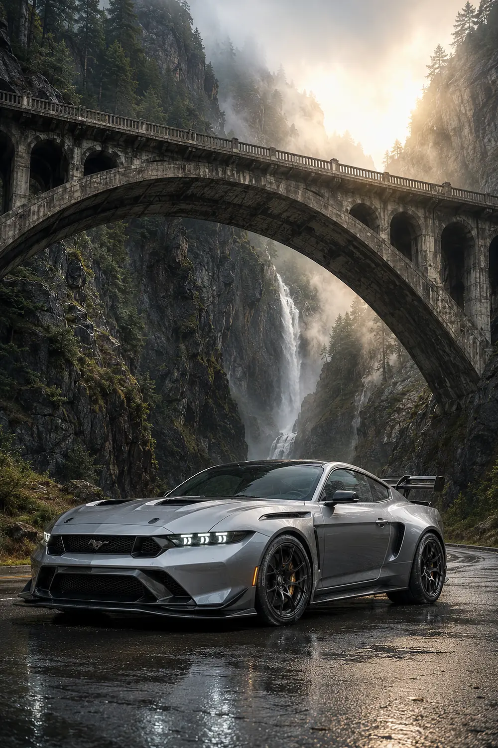 АВТО 1003548 серебристый Ford Mustang GTD под каменным мостом