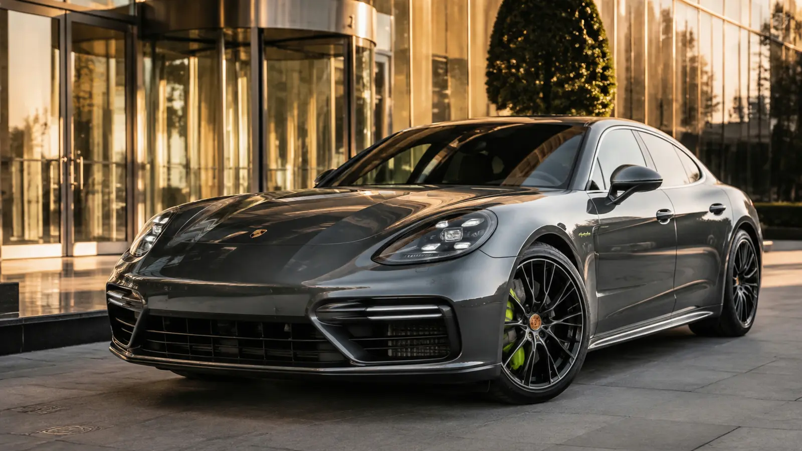 АВТО 1002847 серый Porsche Panamera Turbo крупно у современной деловой башни