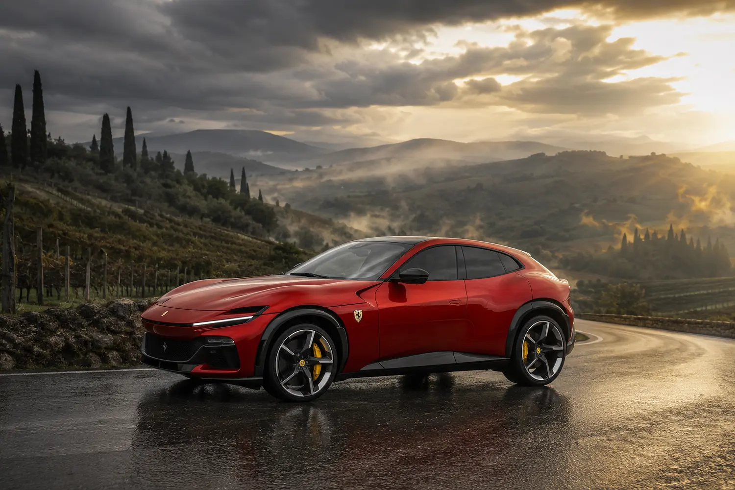 АВТО 1003504 красный Ferrari Purosangue в грозовой Тоскане