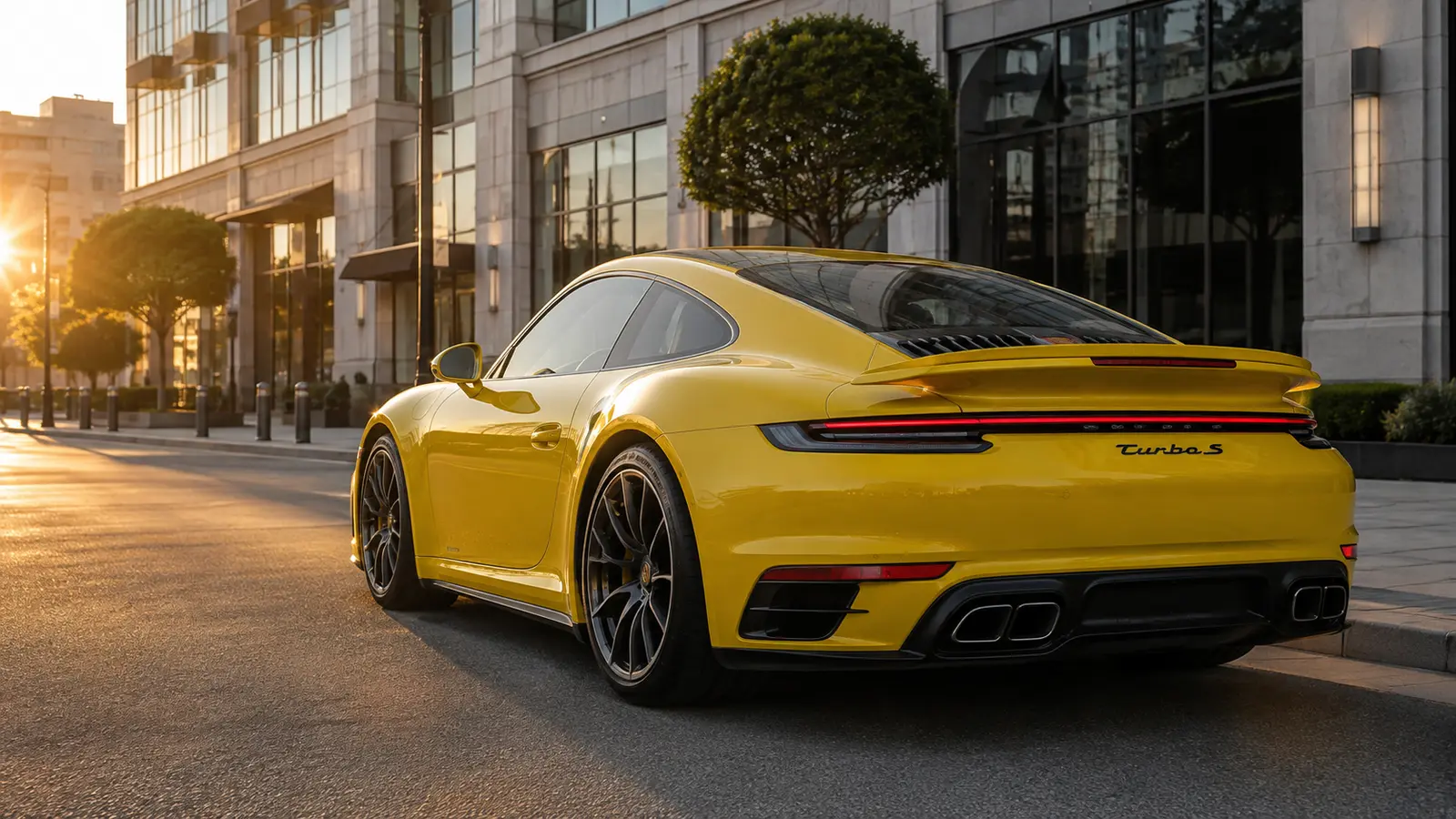 АВТО 1001839 жёлтый Porsche 911 Turbo S на бульваре