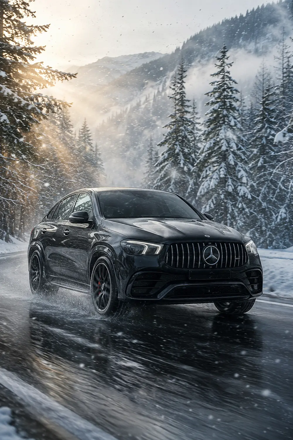АВТО 1003559 чёрный Mercedes-AMG GLE 63 S в снежном лесу