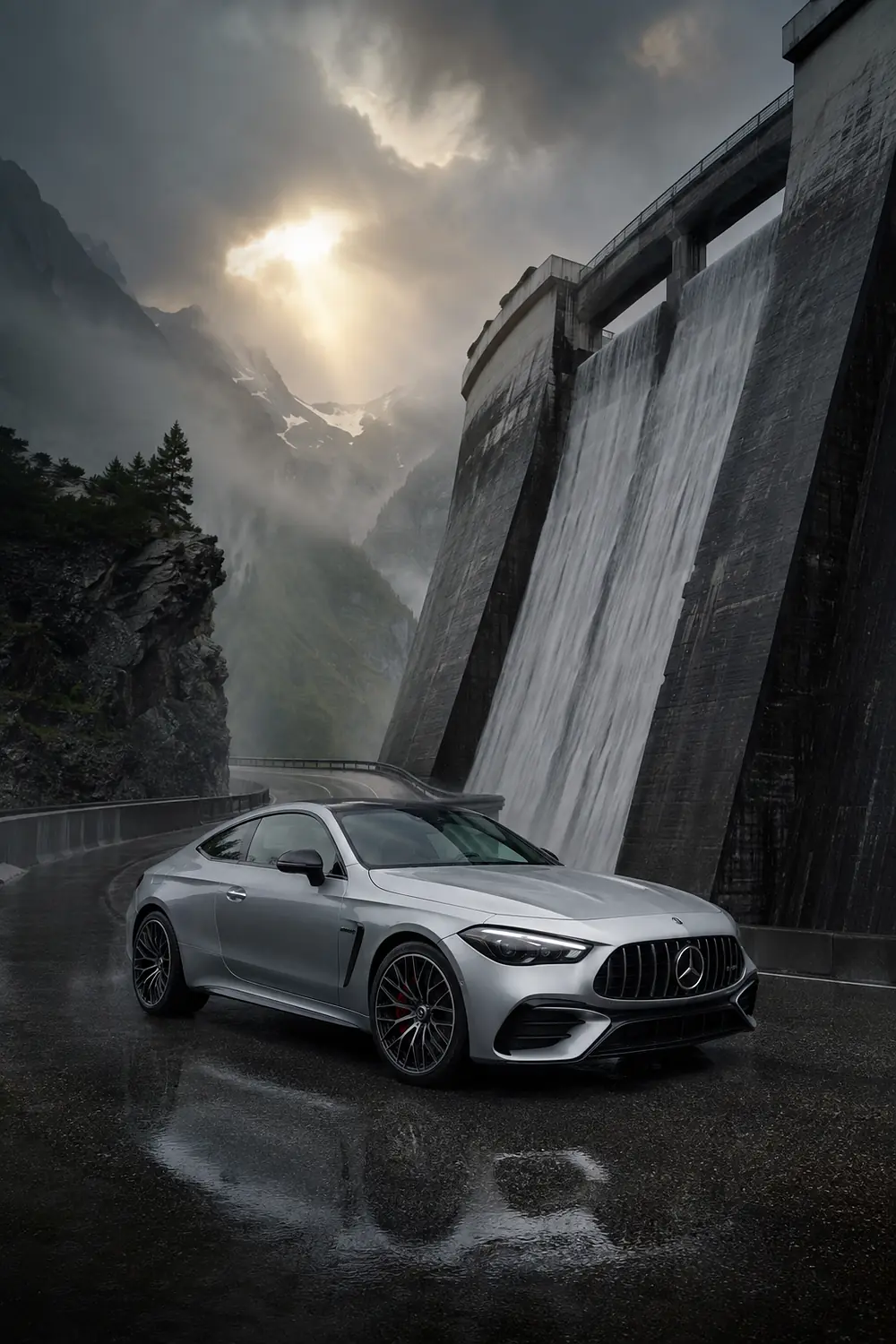 АВТО 1003539 серебристый Mercedes-AMG CLE 53 у плотины