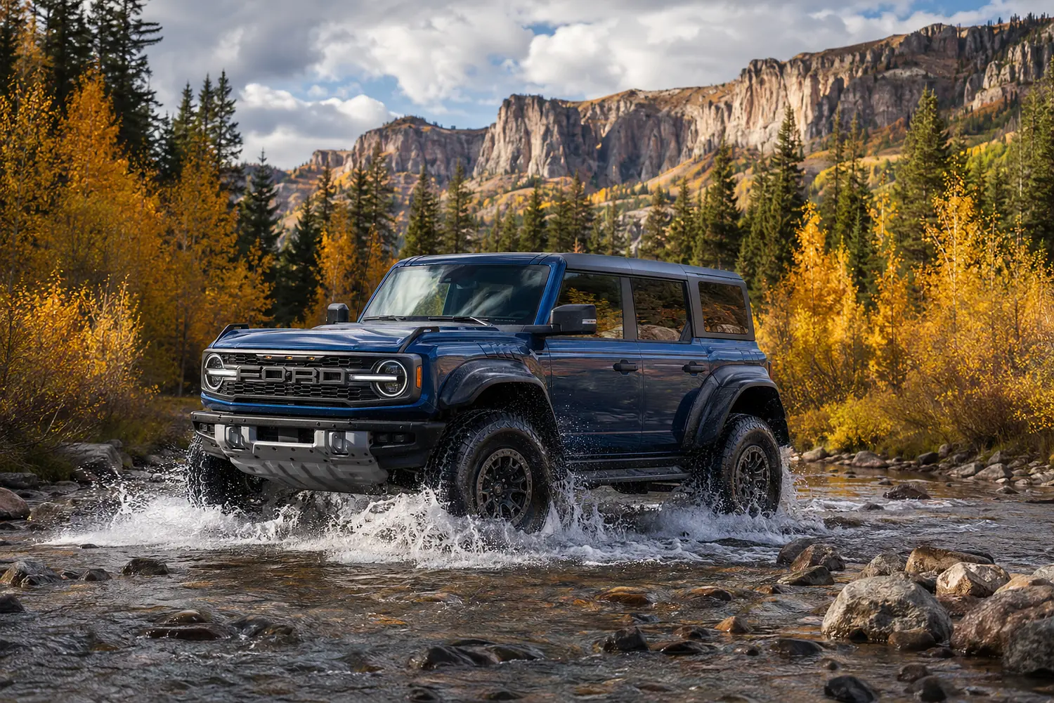 АВТО 1003568 синий Ford Bronco Raptor в осенней реке