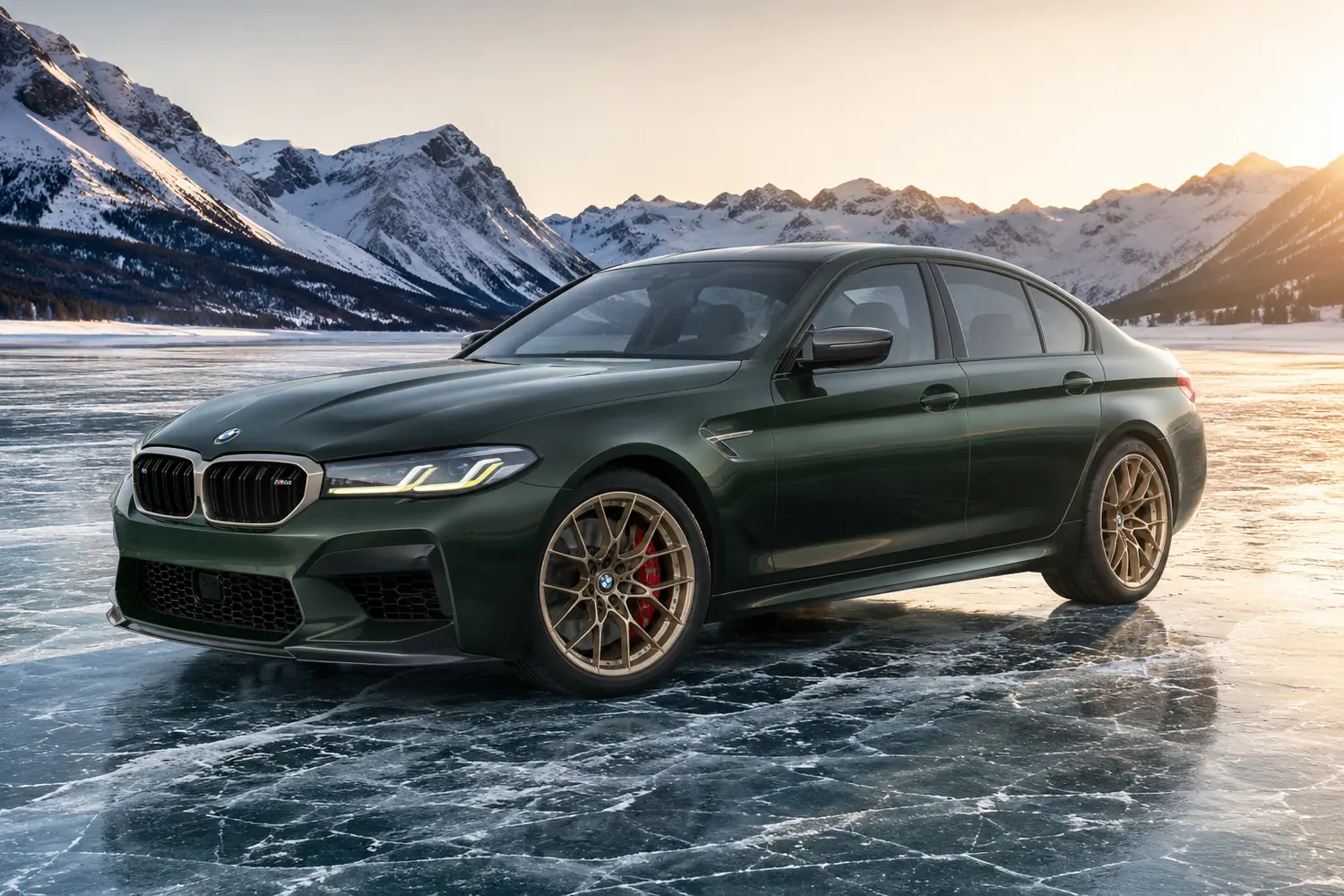 АВТО 1003814 зелёный BMW M5 CS на льду горного озера