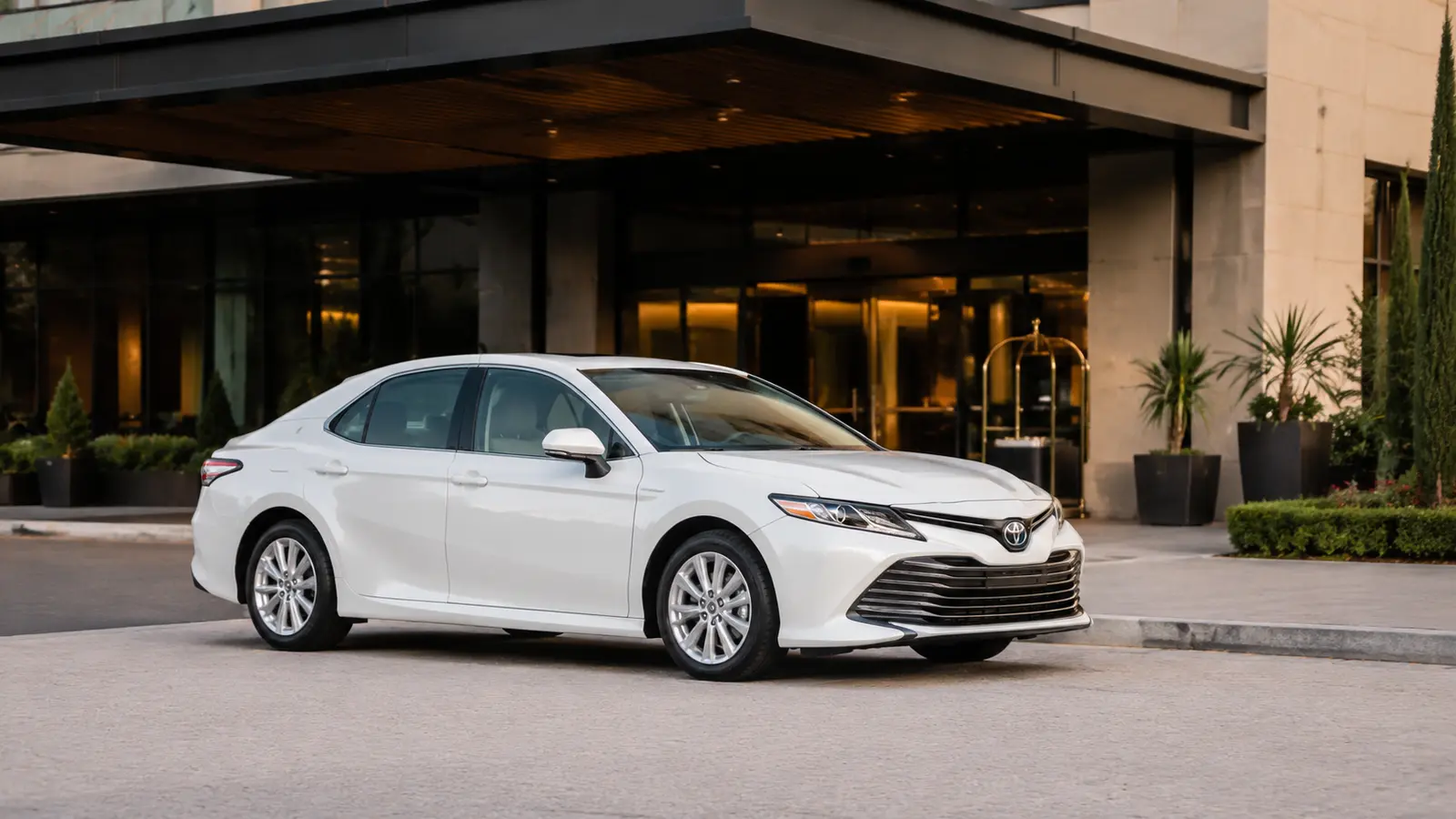 АВТО 1000650 белая Toyota Camry у современного отеля