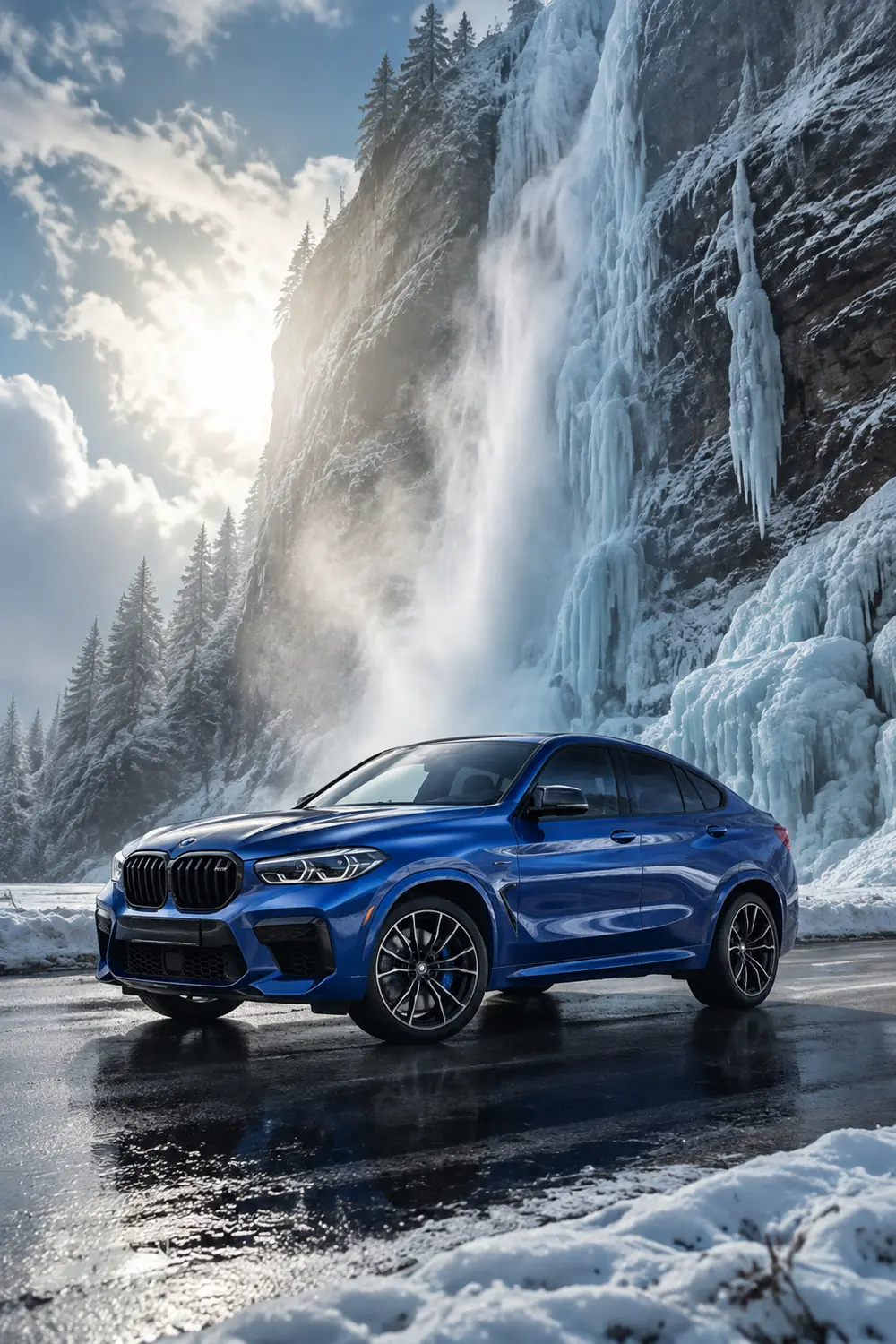 АВТО 1003843 синий BMW X6 M у замёрзшего водопада