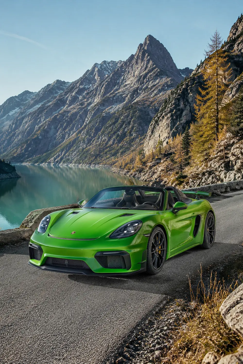 АВТО 1003652 зелёный Porsche 718 Spyder RS у альпийского озера