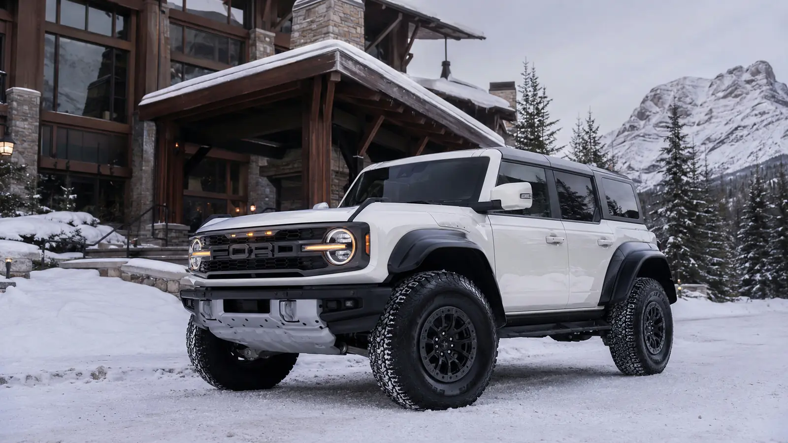 АВТО 1002603 жемчужно-белый Ford Bronco Raptor у снежного отеля