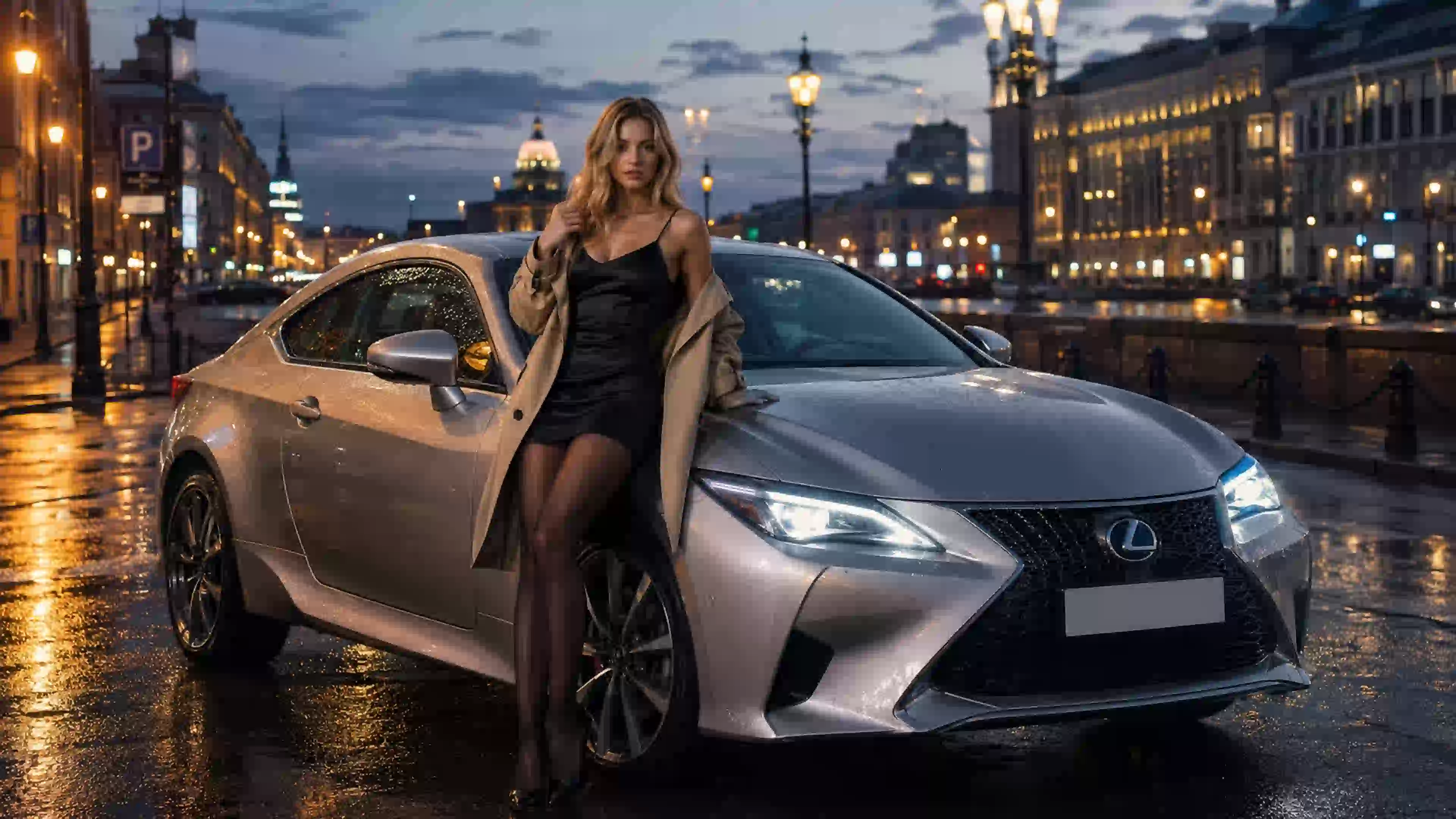 ДЕВ 00331 девушка кинематографичный lexus под дождём