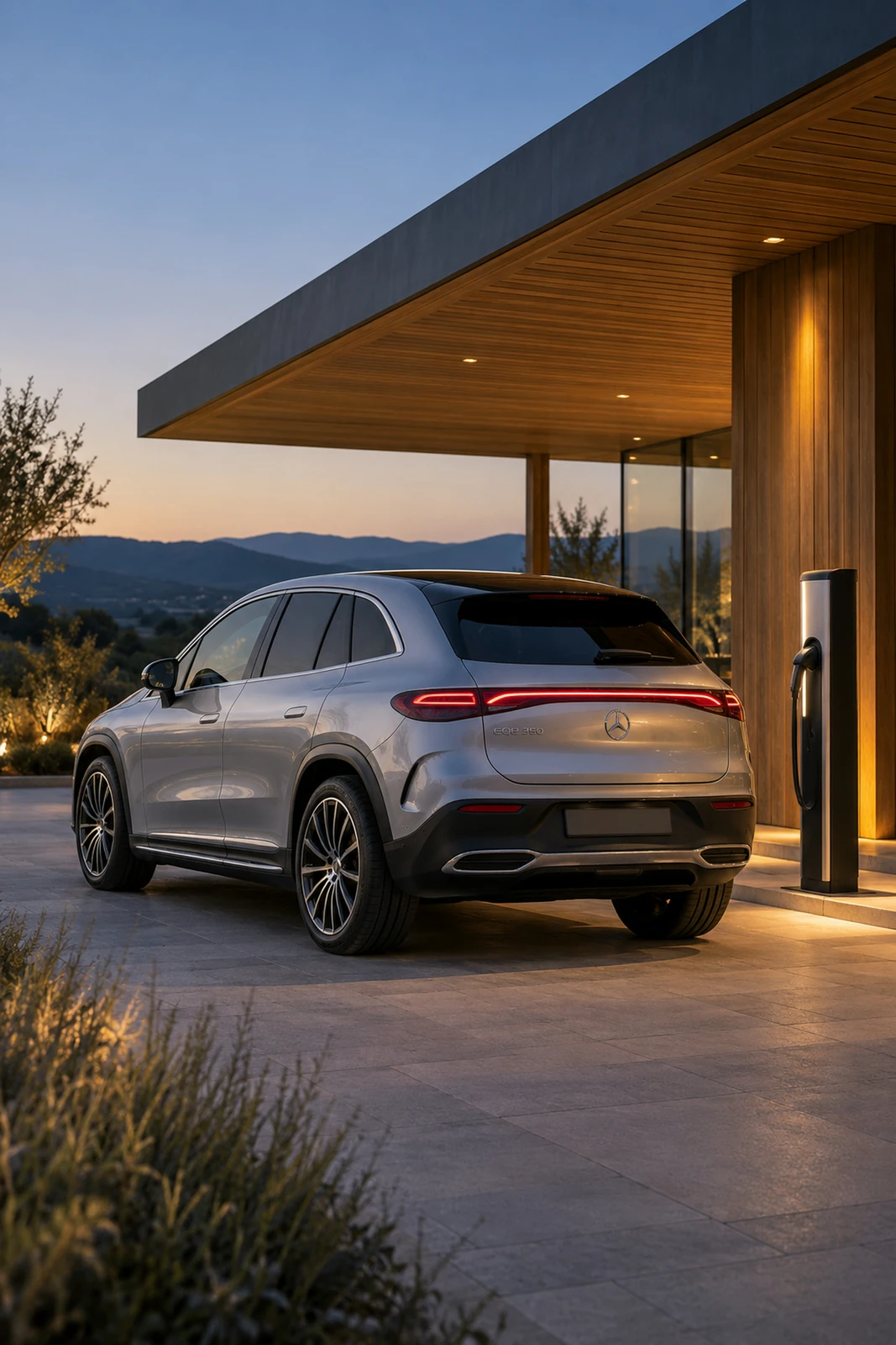 АВТО 1007663 серебристый Mercedes EQE SUV у зарядного павильона