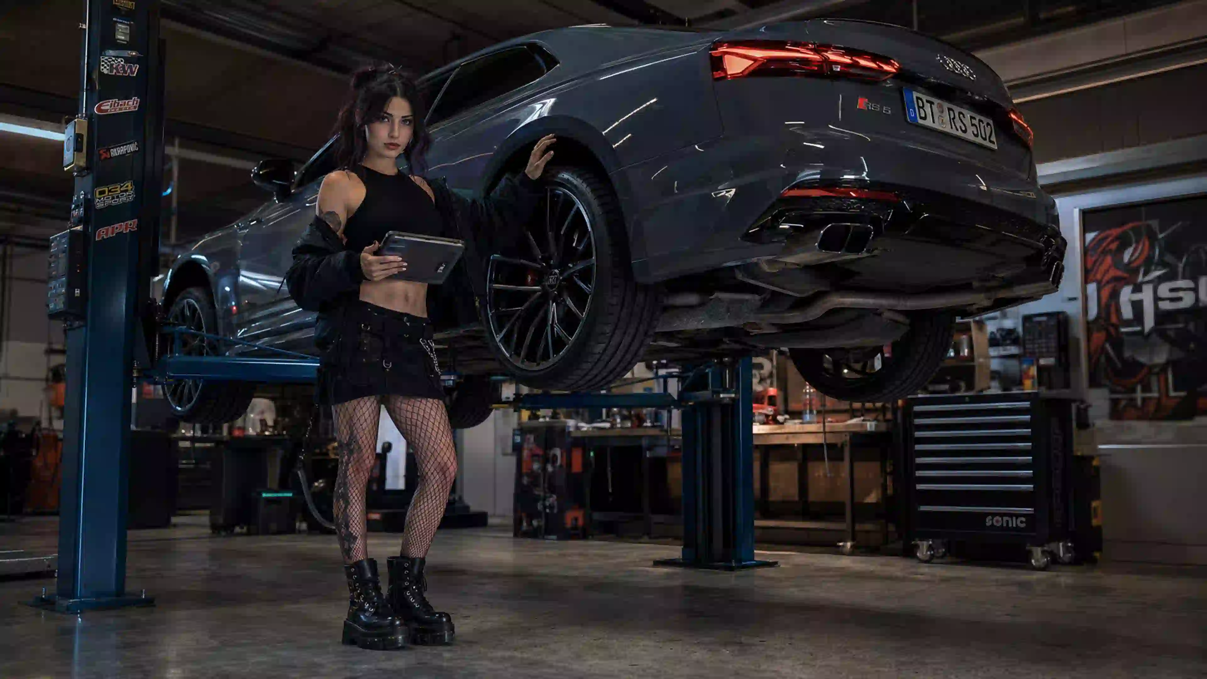 ДЕВ 00560 девушка готическая механик в гараже с audi rs 5