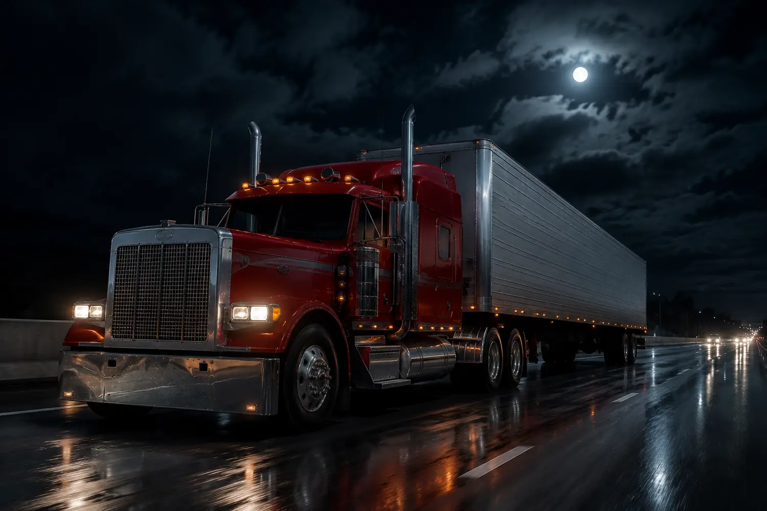 АВТО 1003836 красный Freightliner Classic с полуприцепом ночью