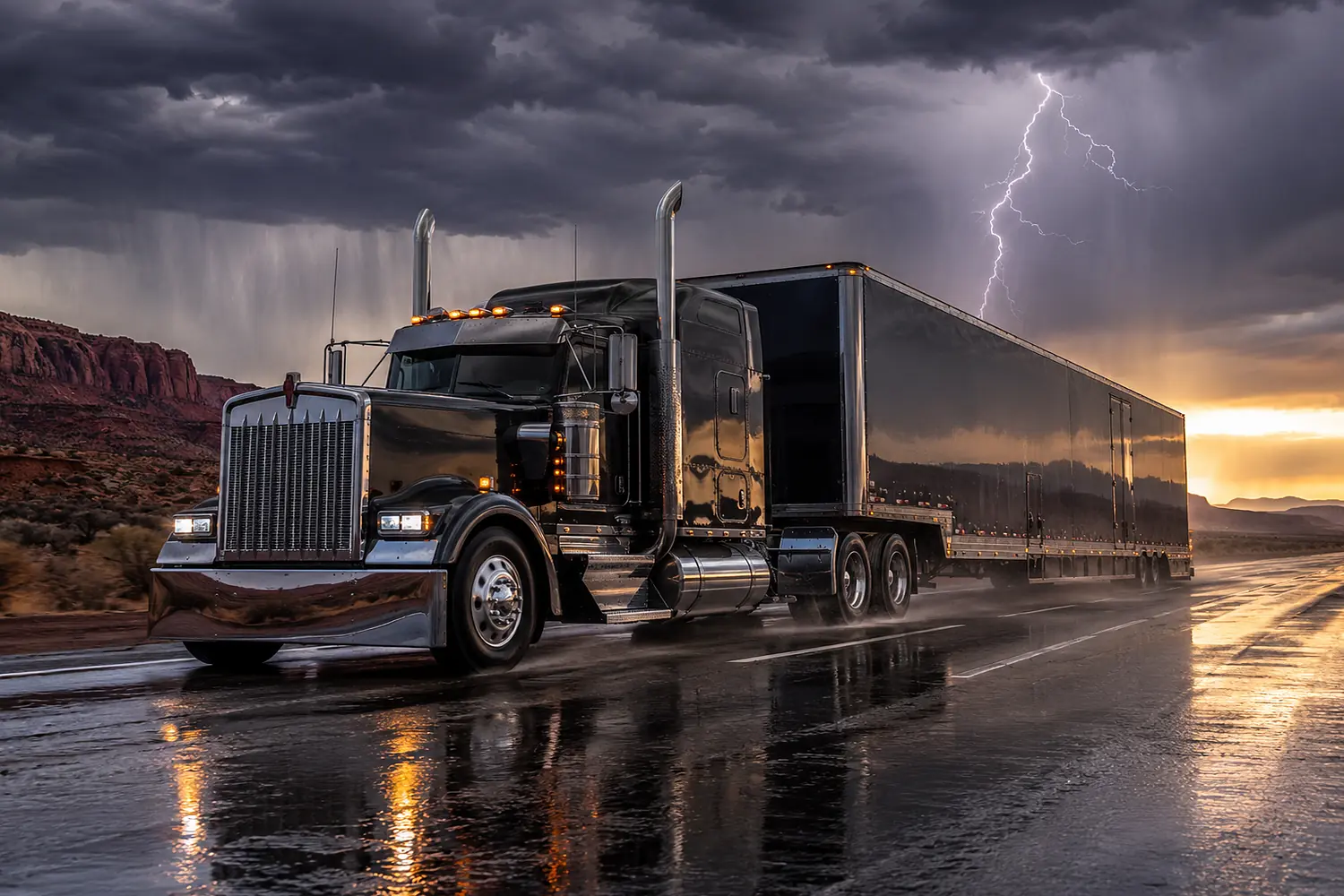 АВТО 1003546 чёрный Kenworth W900 под грозой