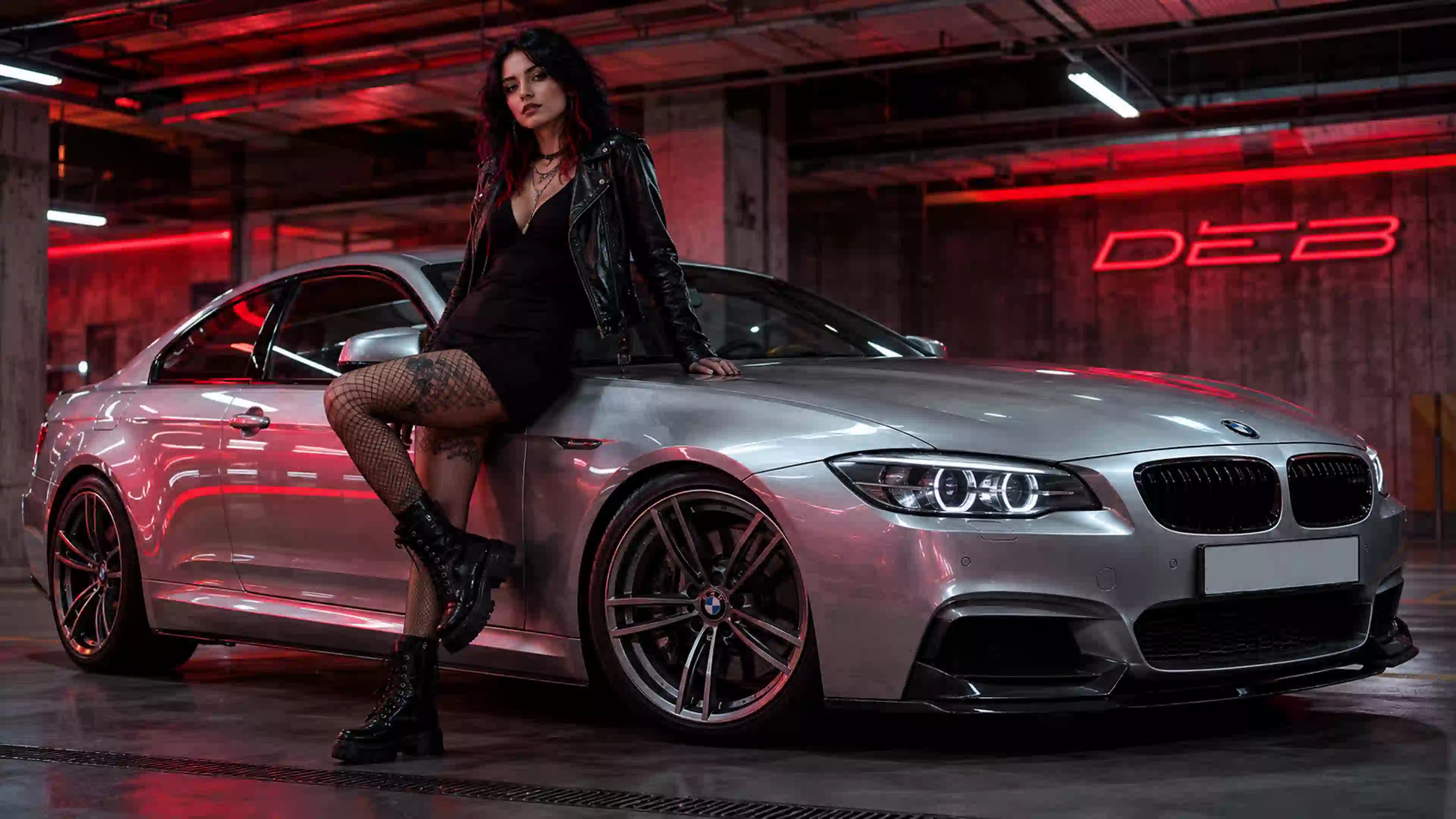 ДЕВ 00261 девушка неоновый bmw в подземном гараже
