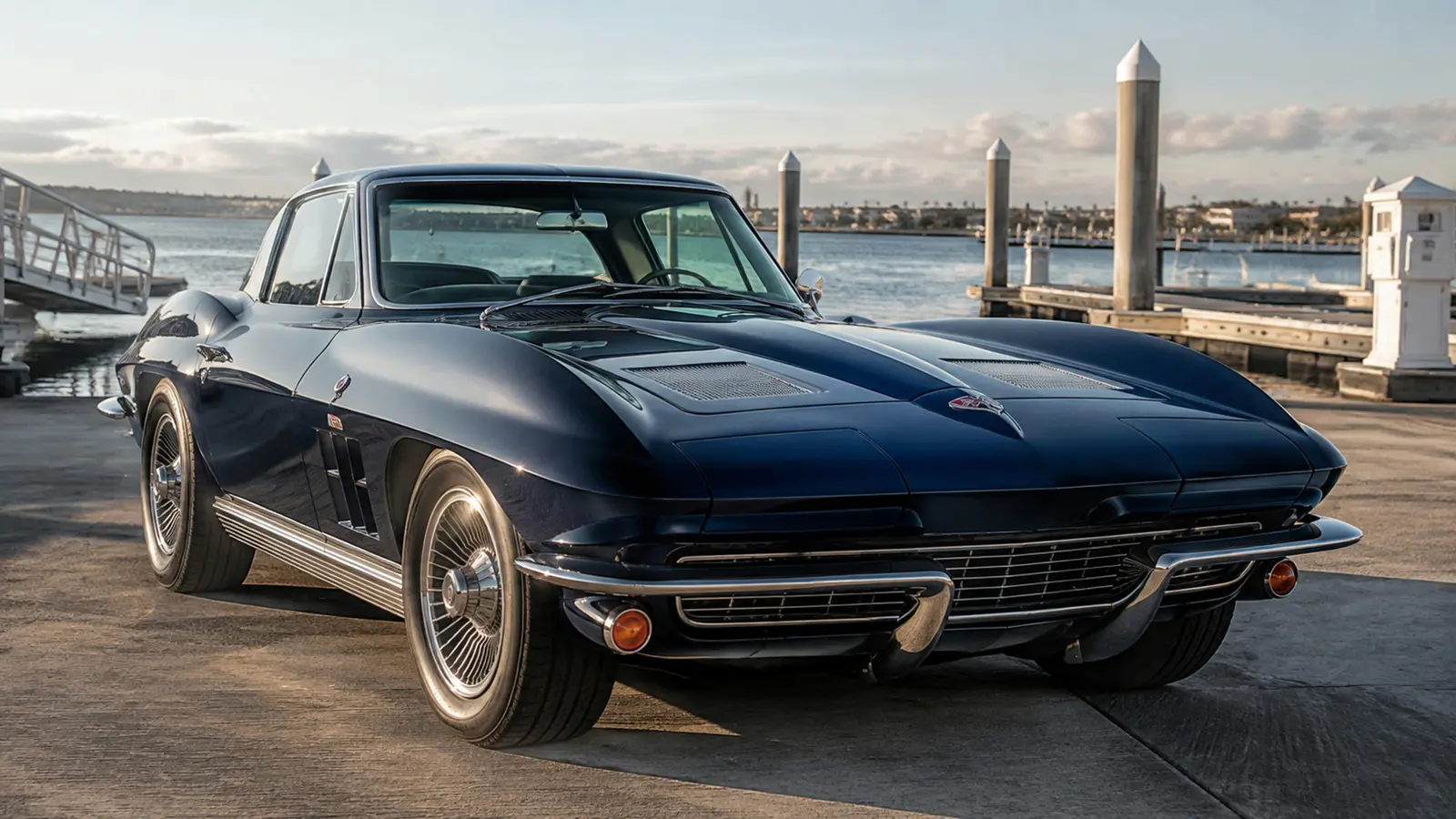 АВТО 1003387 тёмно-синий Chevrolet Corvette C2 Sting Ray крупно вдоль капота сбоку