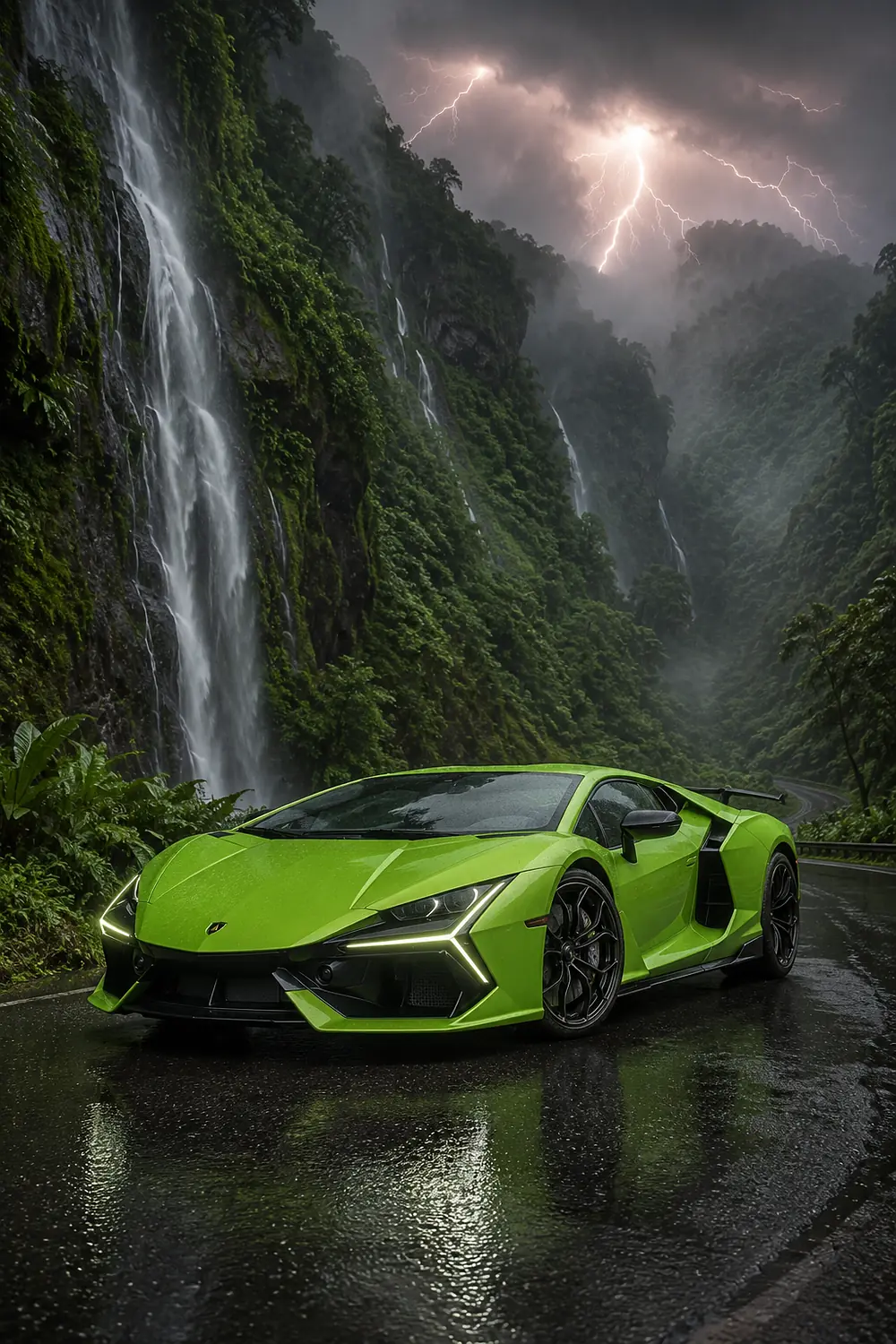 АВТО 1003507 зелёный Lamborghini Revuelto в тропической грозе