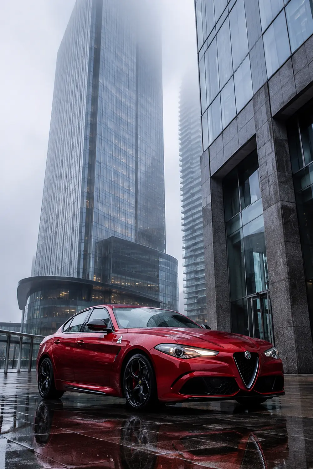 АВТО 1003438 красный Alfa Romeo Giulia среди башен в тумане