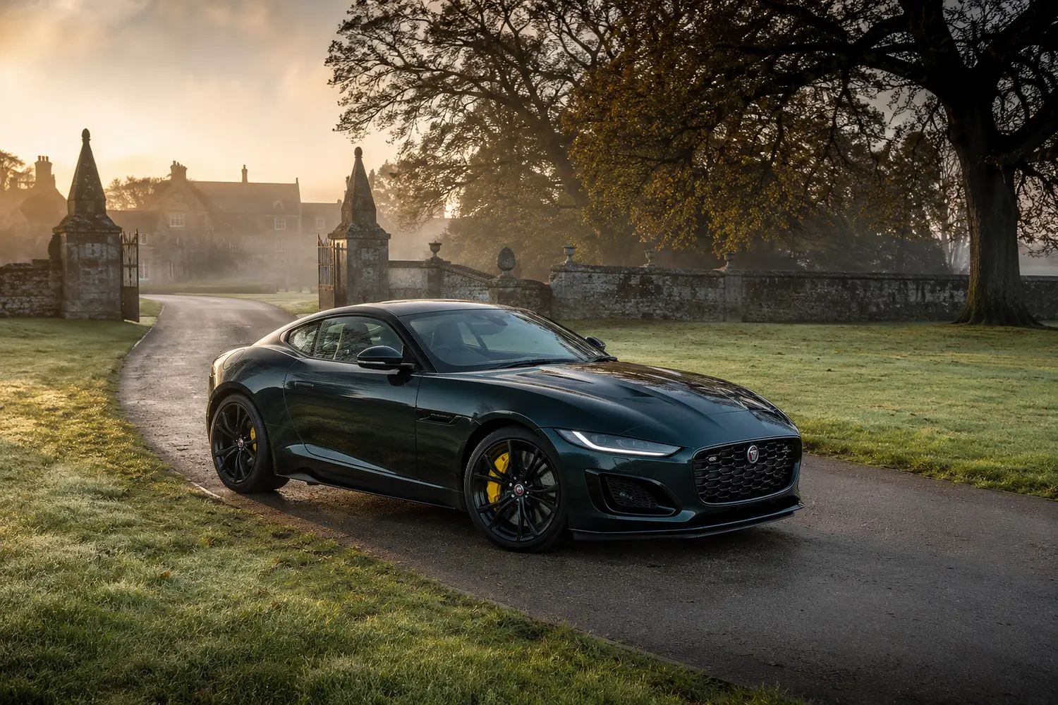 АВТО 1003624 зелёный Jaguar F-Type R75 у старинного поместья