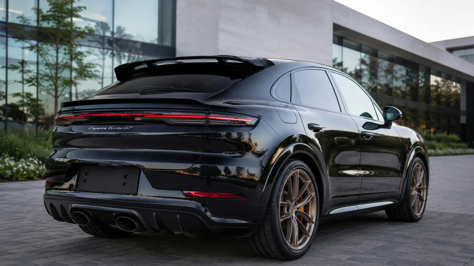 АВТО 1002857 чёрный Porsche Cayenne Turbo GT крупно у премиального офиса