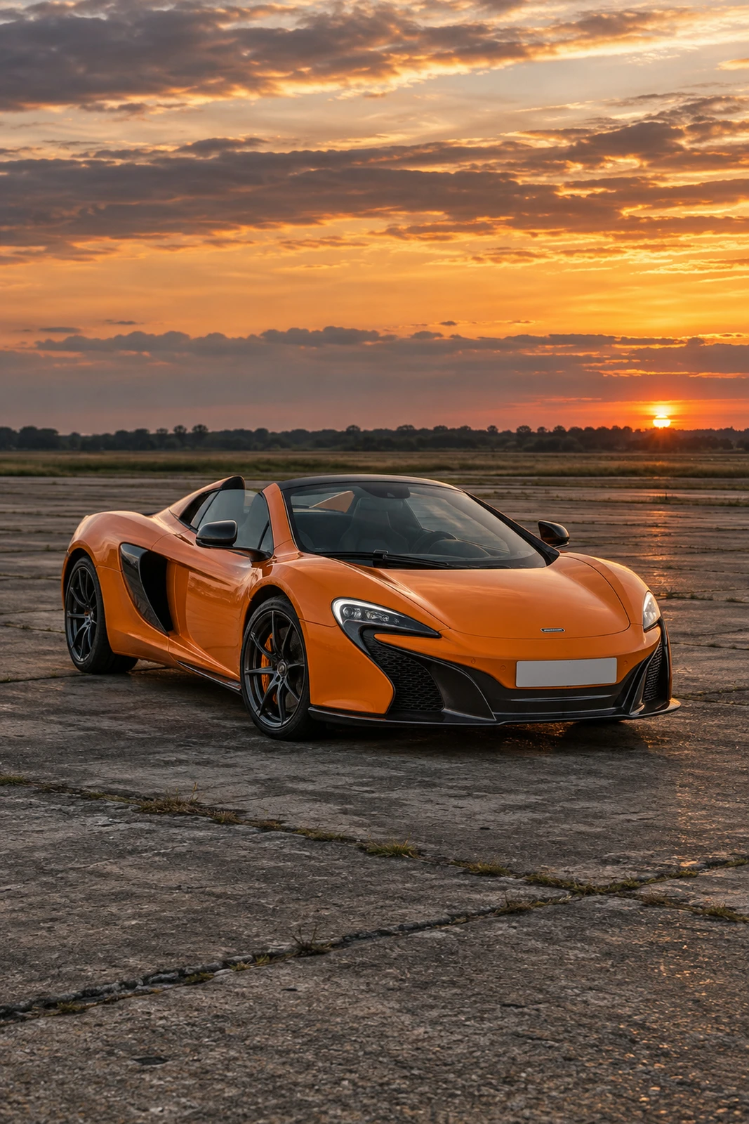 АВТО 1008619 Макларен 650S Spider оранжевый Старый аэродром на закате