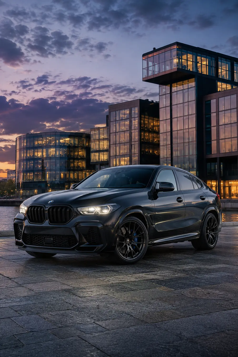 АВТО 1003742 чёрный BMW X6M в сумеречном Петербурге