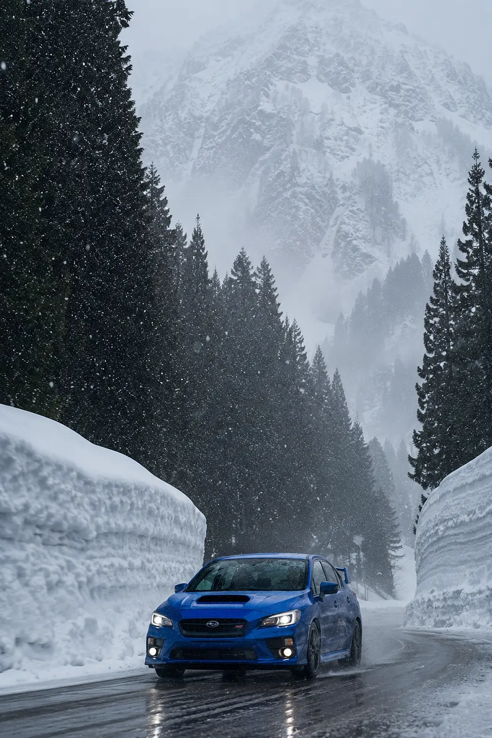 АВТО 1003437 синий Subaru WRX STI на снежной горной дороге