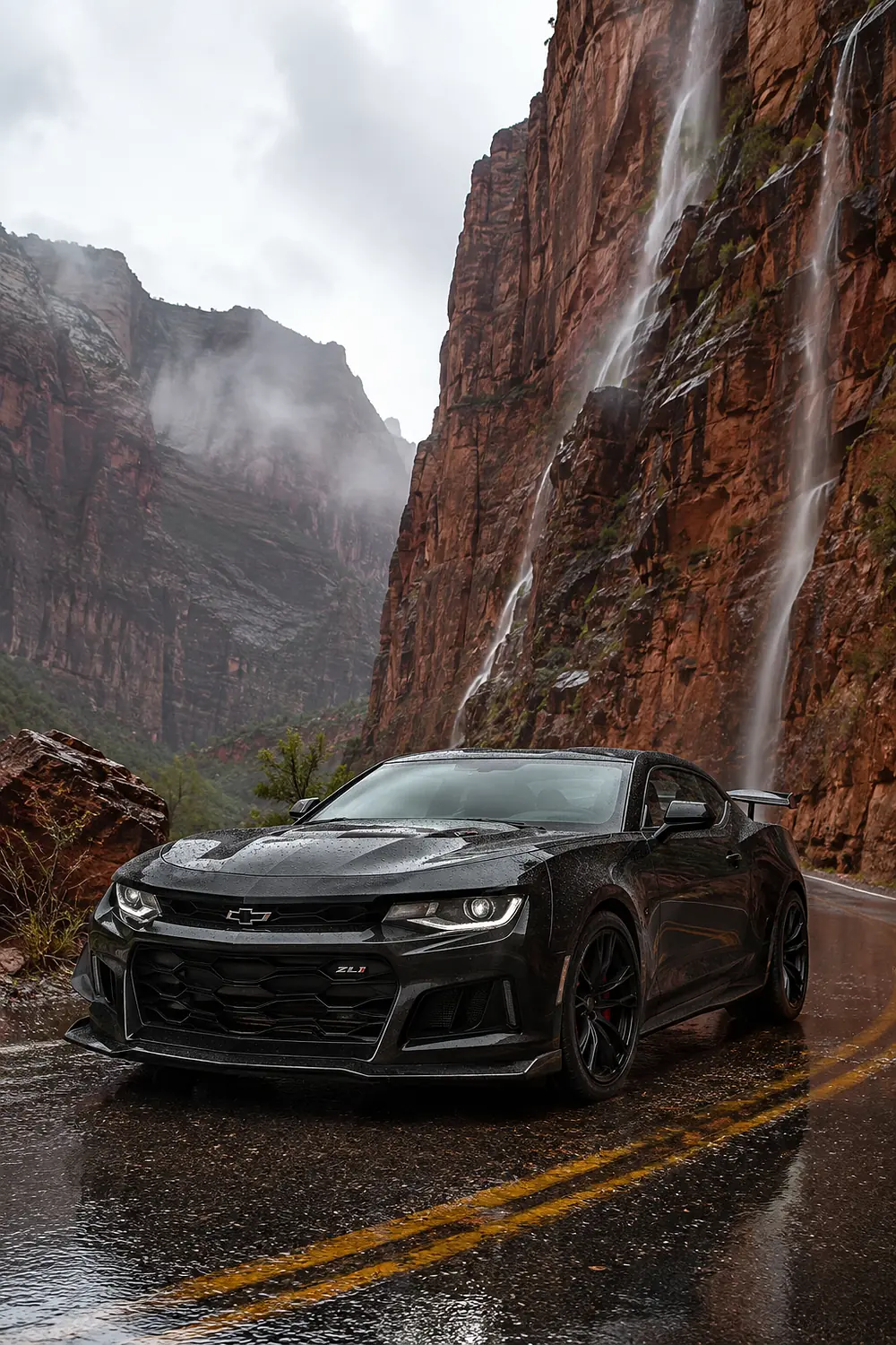 АВТО 1003469 чёрный Chevrolet Camaro ZL1 в дождливом каньоне