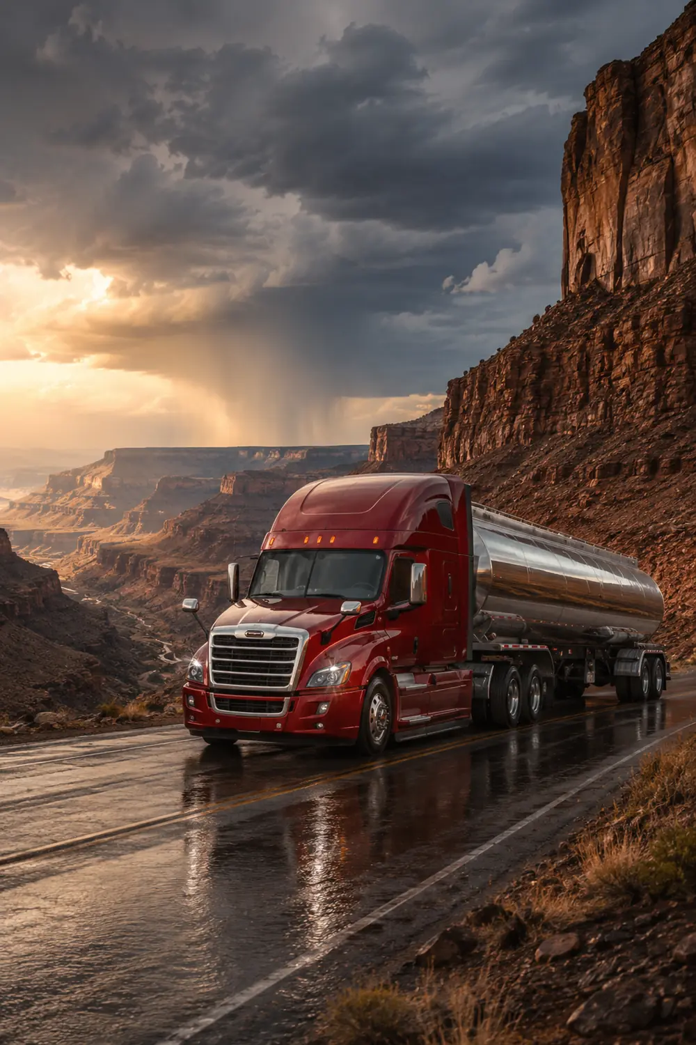 АВТО 1003840 красный Freightliner Cascadia с цистерной в каменном каньоне