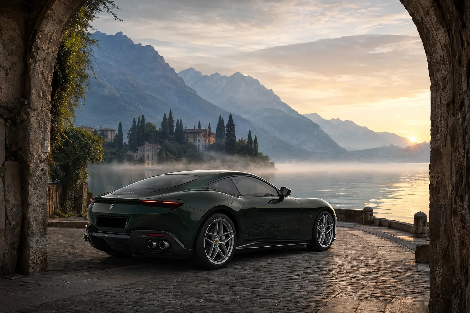 АВТО 1003415 зелёный Ferrari Roma у озера в тумане