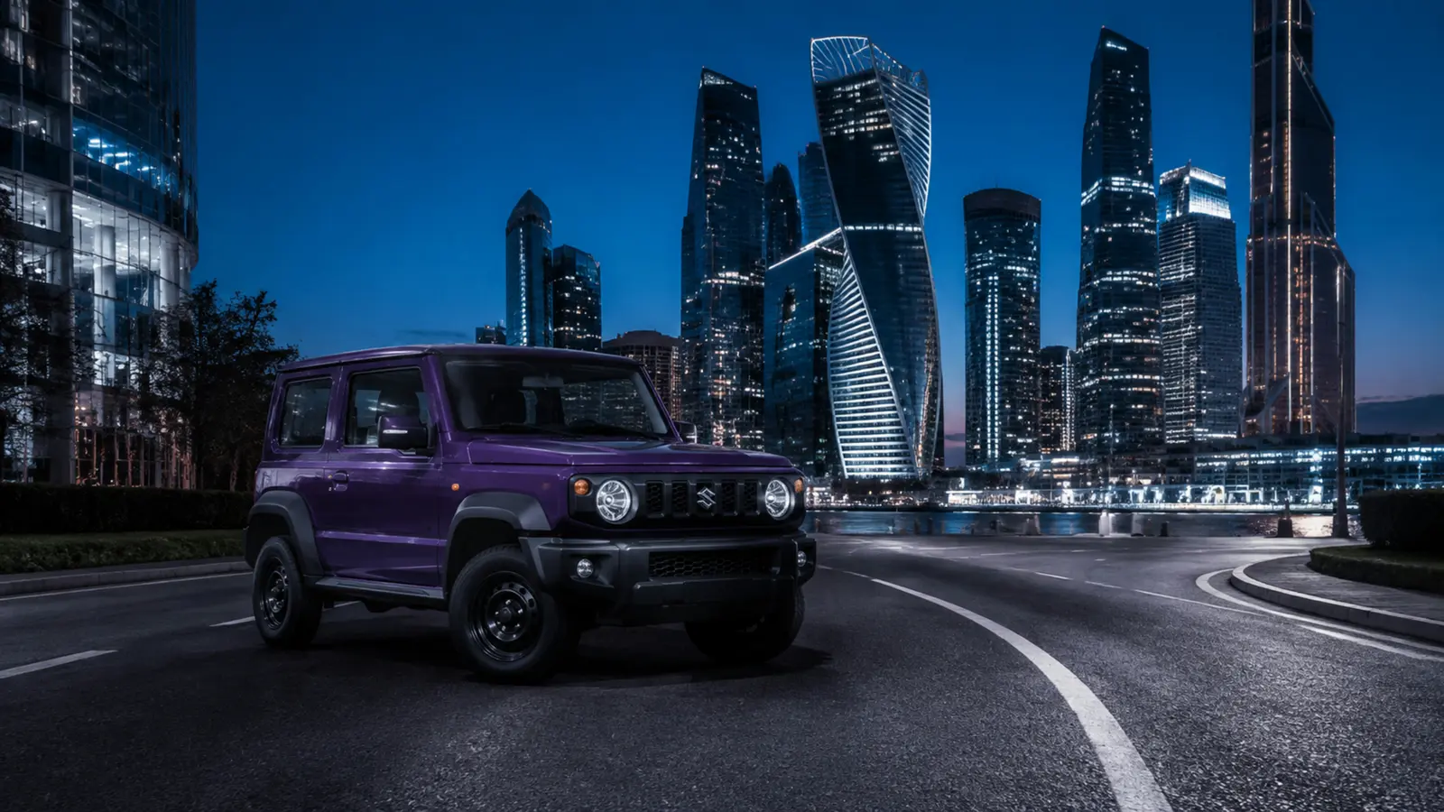 АВТО 1003314 фиолетовый Suzuki Jimny целиком на изгибе пустой дороги