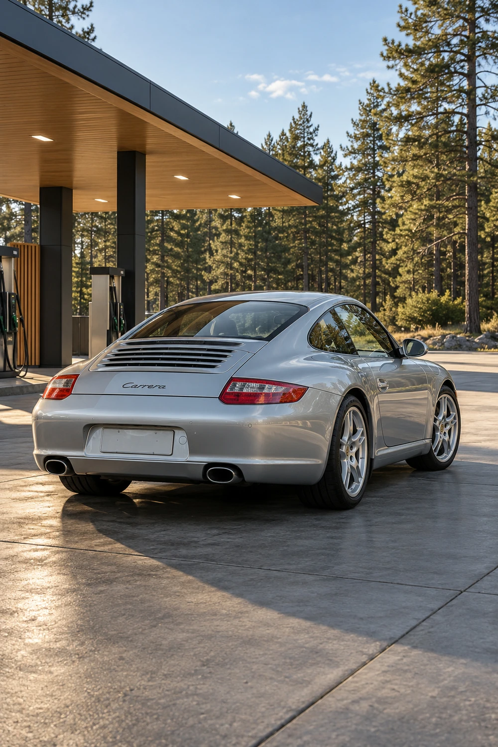АВТО 1006790 Porsche 911 Carrera 997 серебристый АЗС у леса