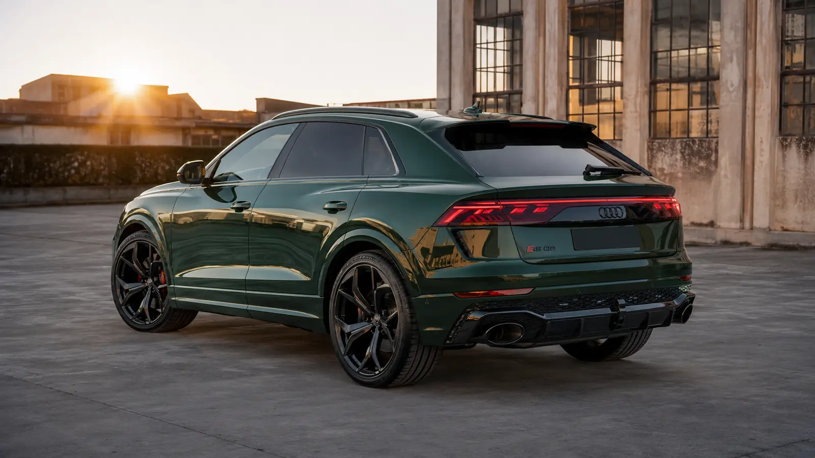 АВТО 1002688 зелёный Audi RS Q8 Performance крупно в индустриальном дворе на закате