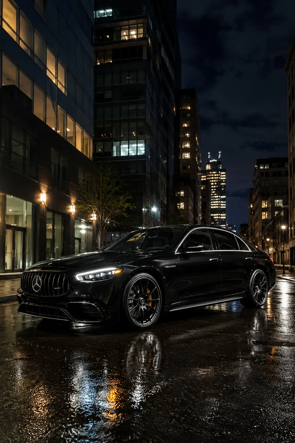 АВТО 1003746 чёрный Mercedes S63 в ночном Нью Йорке