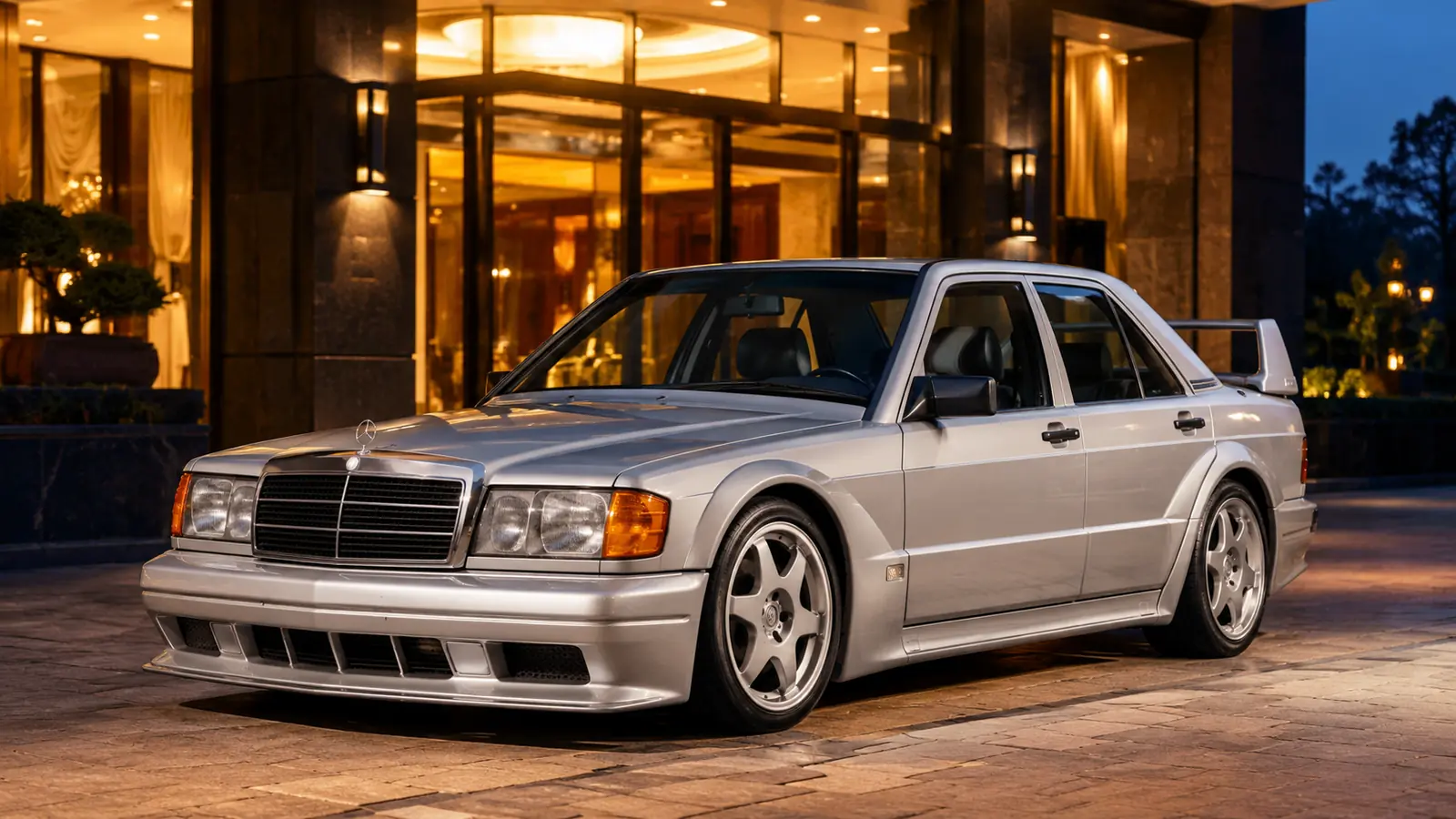 АВТО 1002385 серебристый Mercedes 190E рестомод у вечернего отеля