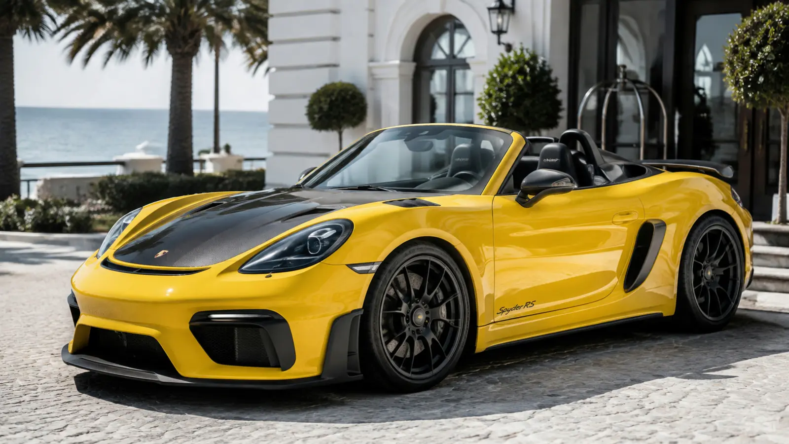 АВТО 1002869 жёлтый Porsche 718 Spyder RS крупно у светлого приморского отеля