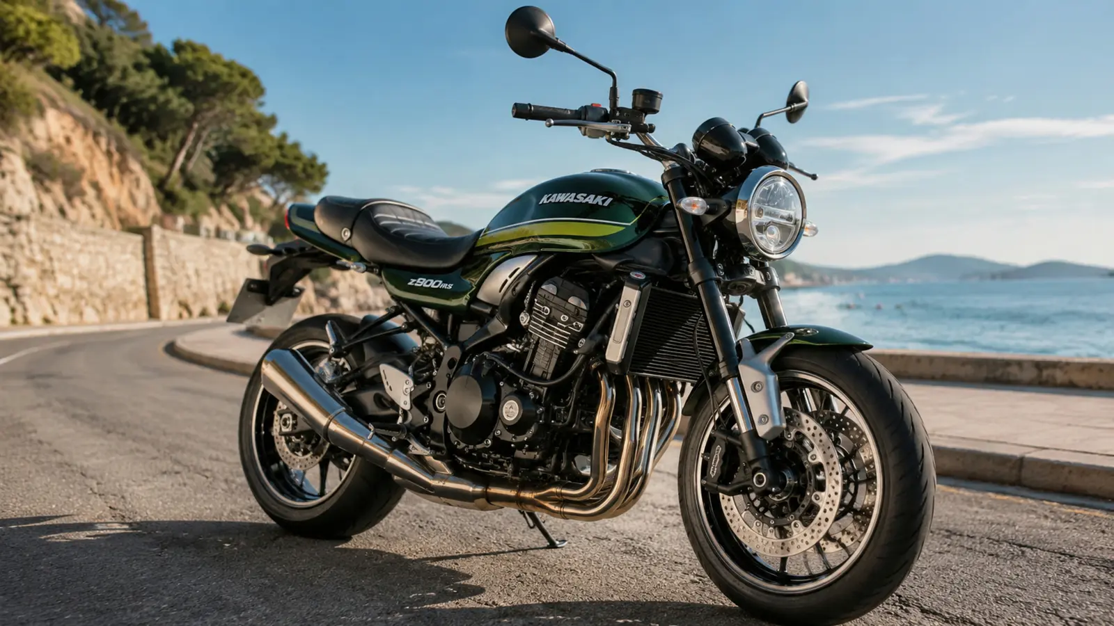 АВТО 1003018 зелёный Kawasaki Z900RS крупно на приморской улице