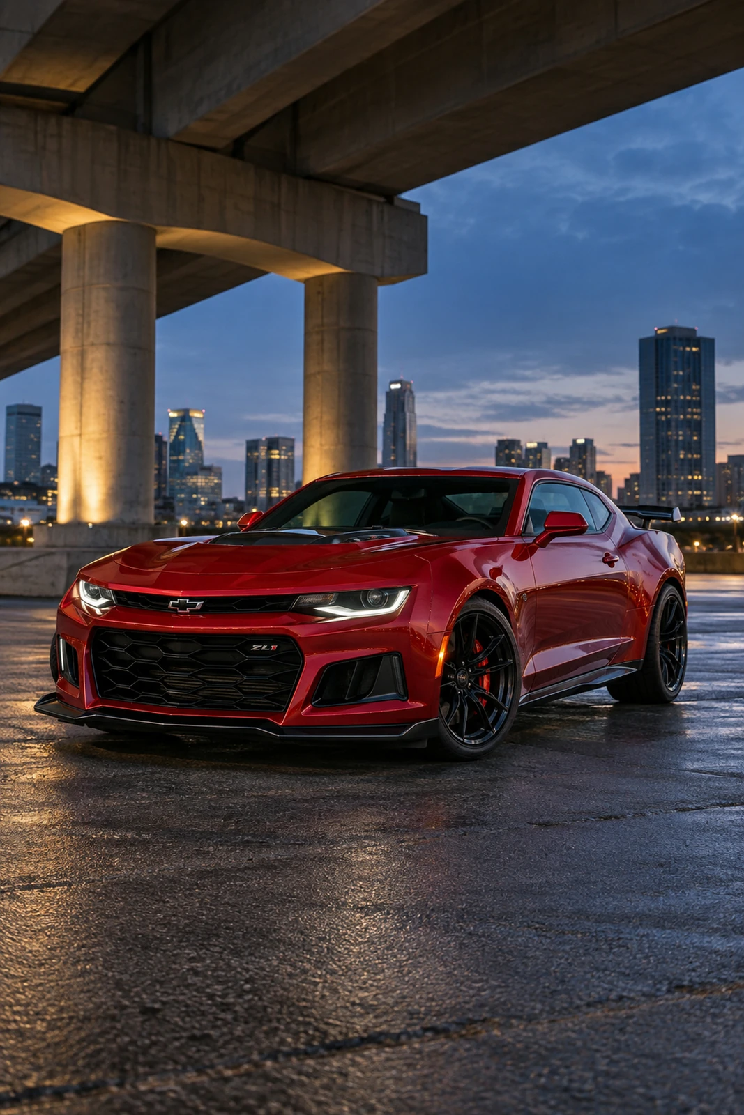 АВТО 1007539 красный Chevrolet Camaro ZL1 под городской эстакадой
