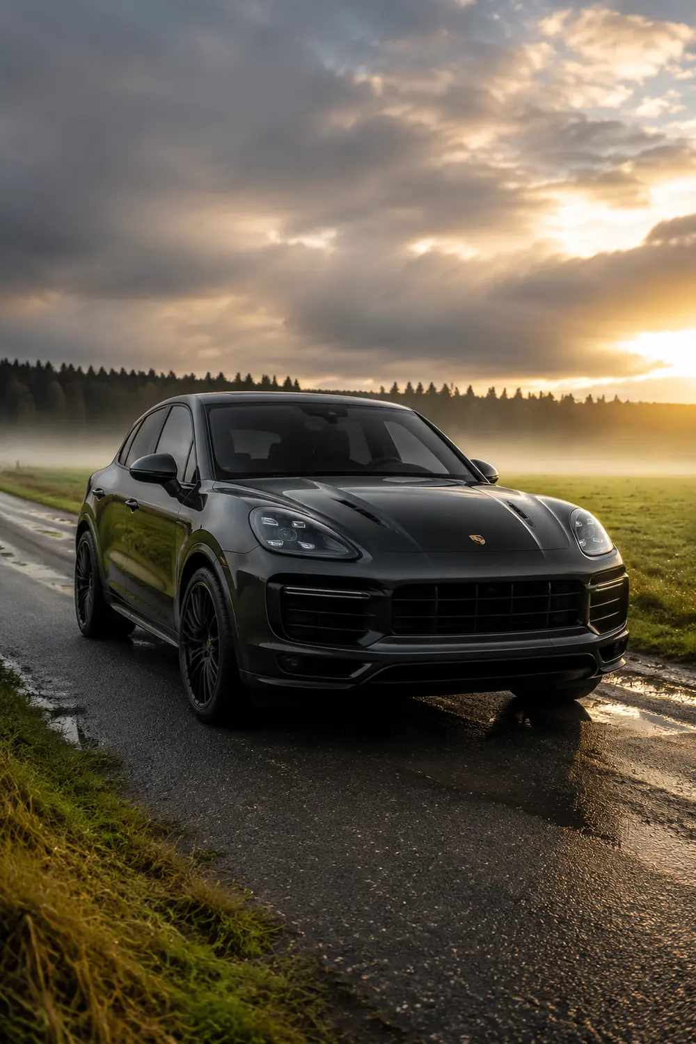 АВТО 1003799 прокаченный серый Porsche Cayenne Turbo GT на лугу на рассвете
