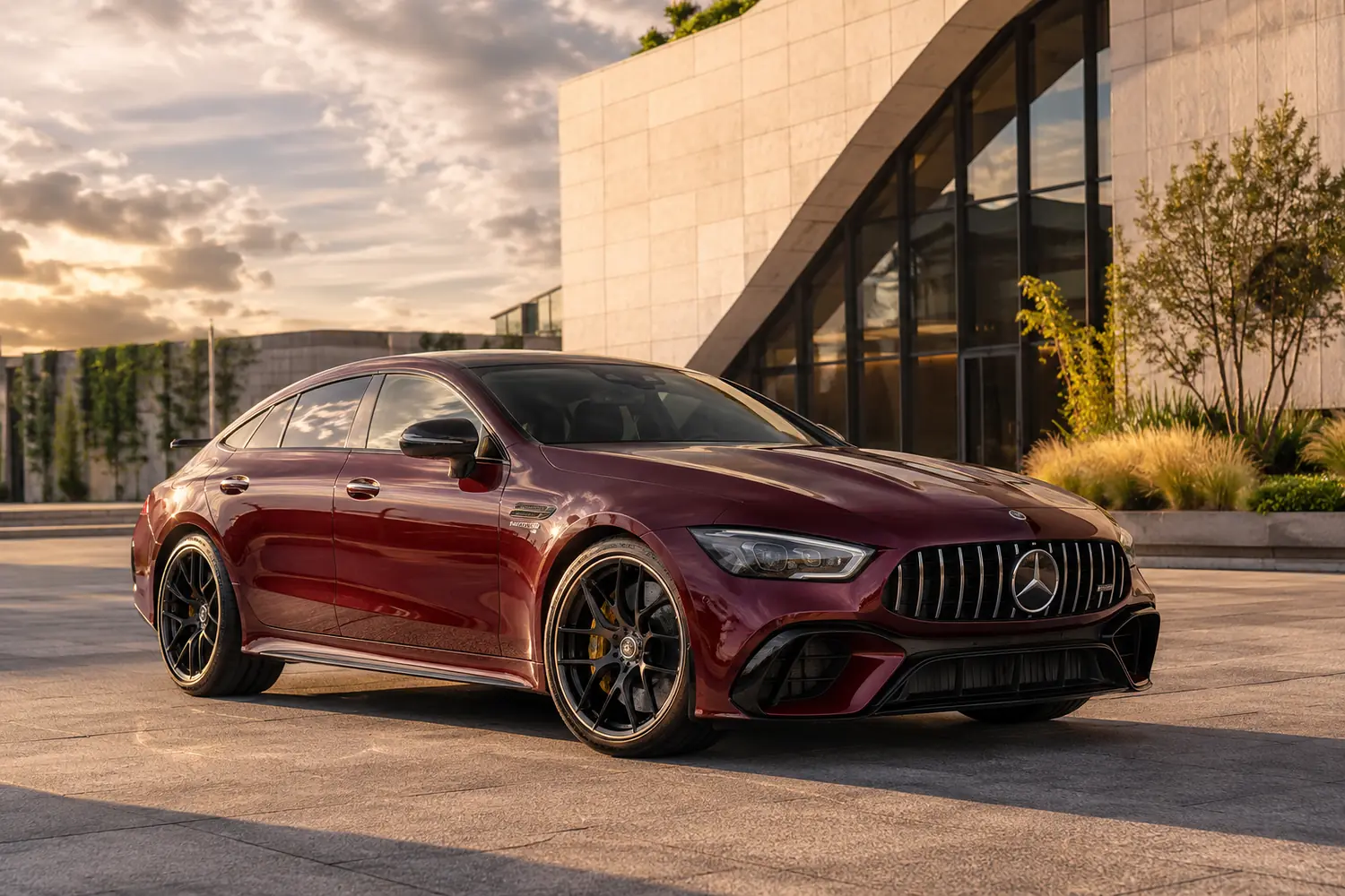 АВТО 1003715 бордовый Mercedes AMG GT63 у современной архитектуры