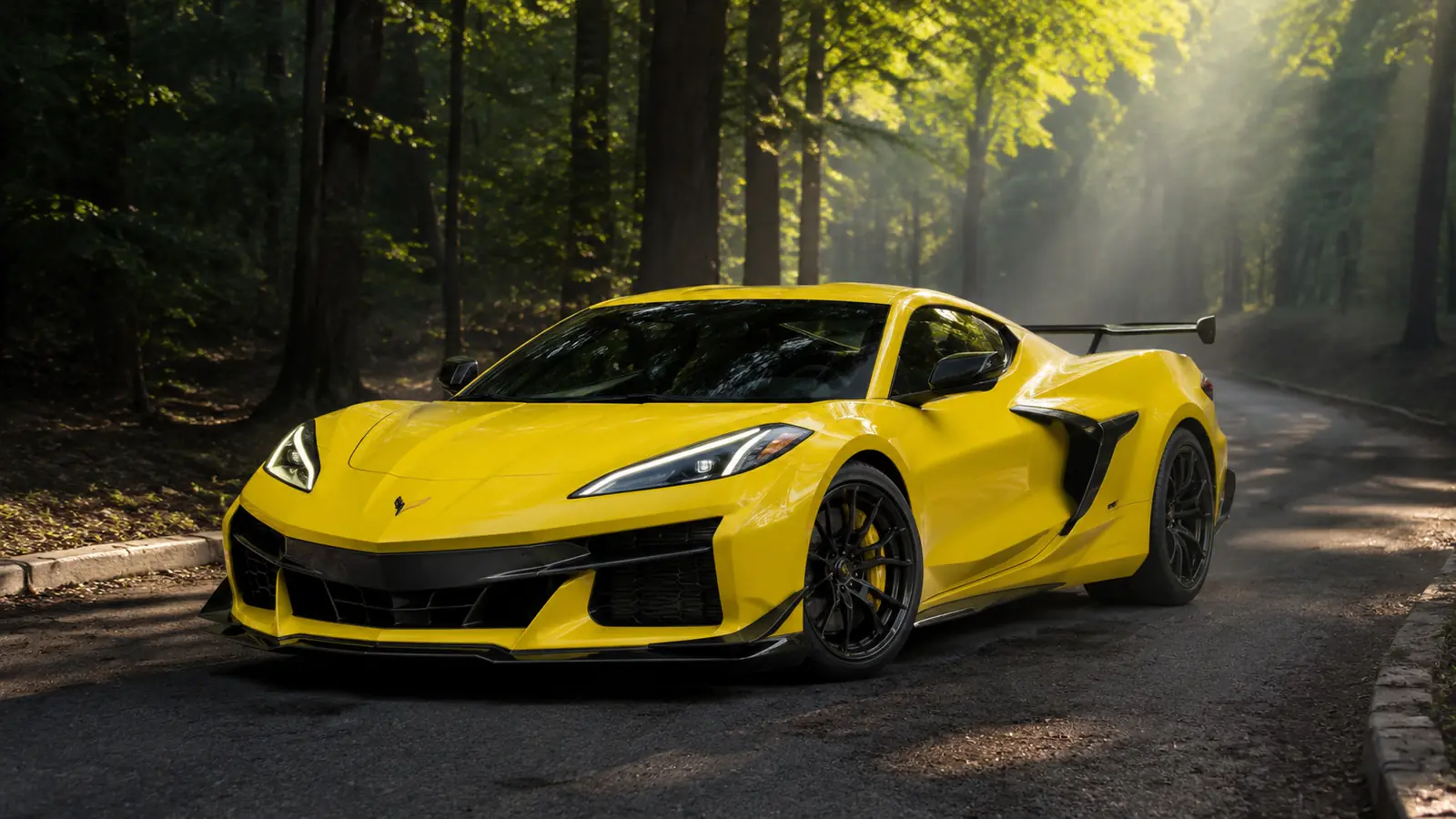 АВТО 1002753 жёлтый Chevrolet Corvette Z06 крупно на лесной дороге ранним утром