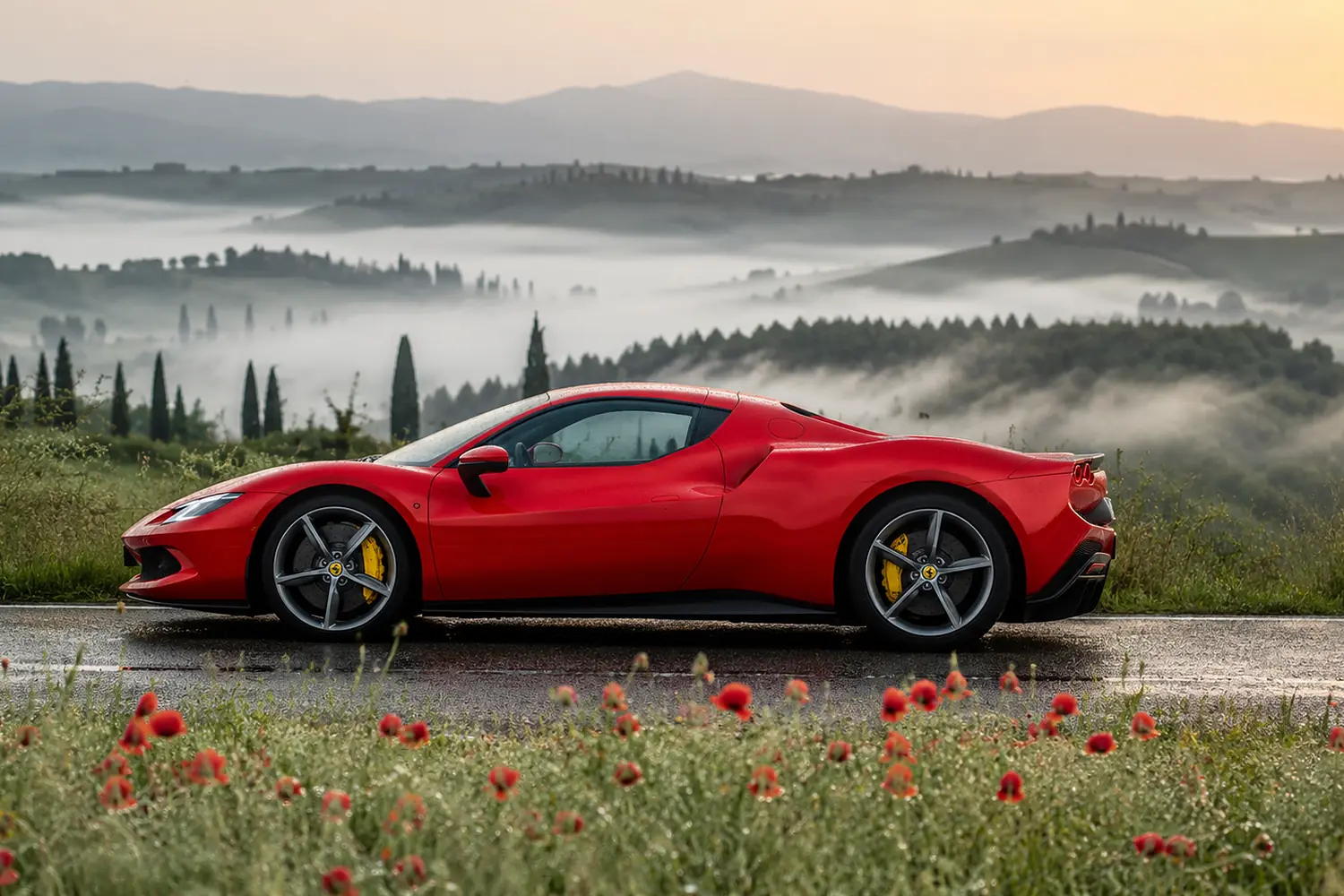 АВТО 1003435 красный Ferrari 296 GTB среди туманных холмов