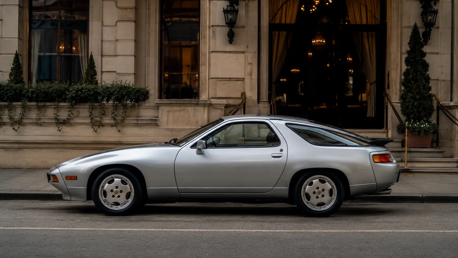 АВТО 1001037 серебристый Porsche 928 у европейского отеля 80-х