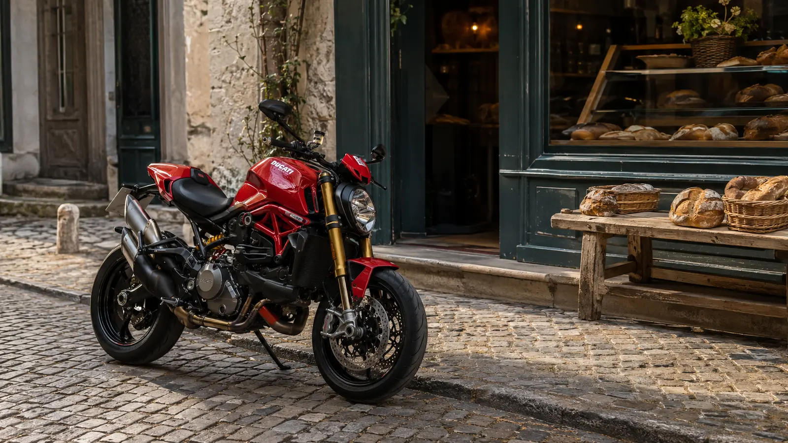 АВТО 1001580 Красный Ducati Monster SP у небольшой пекарни