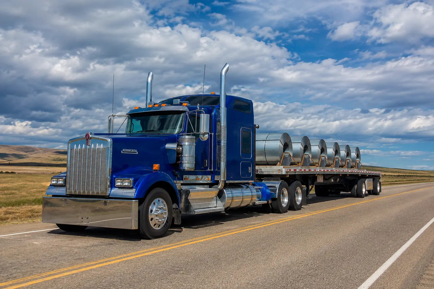 АВТО 1003620 синий Kenworth W900 с полуприцепом и стальными рулонами