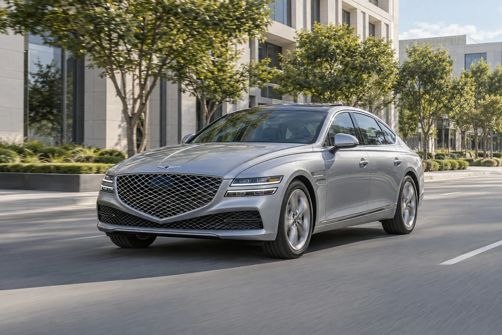 АВТО 1007594 серебристый Genesis G80 на тихом бульваре