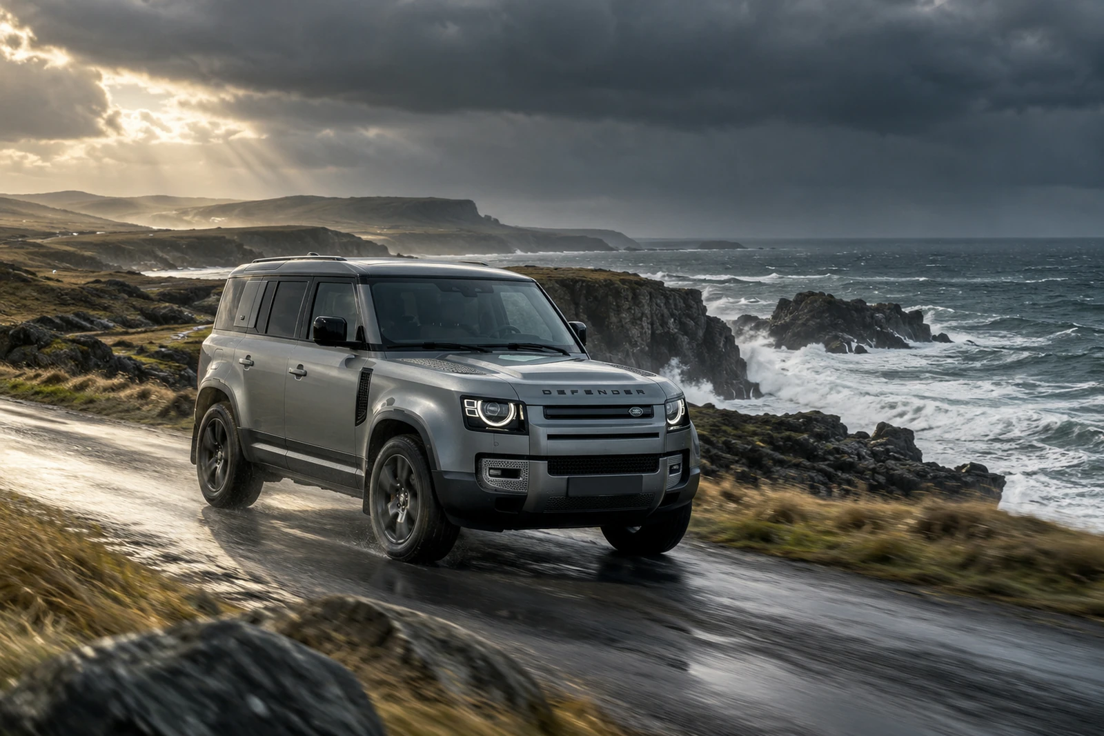 АВТО 1007526 серый Land Rover Defender на штормовом побережье