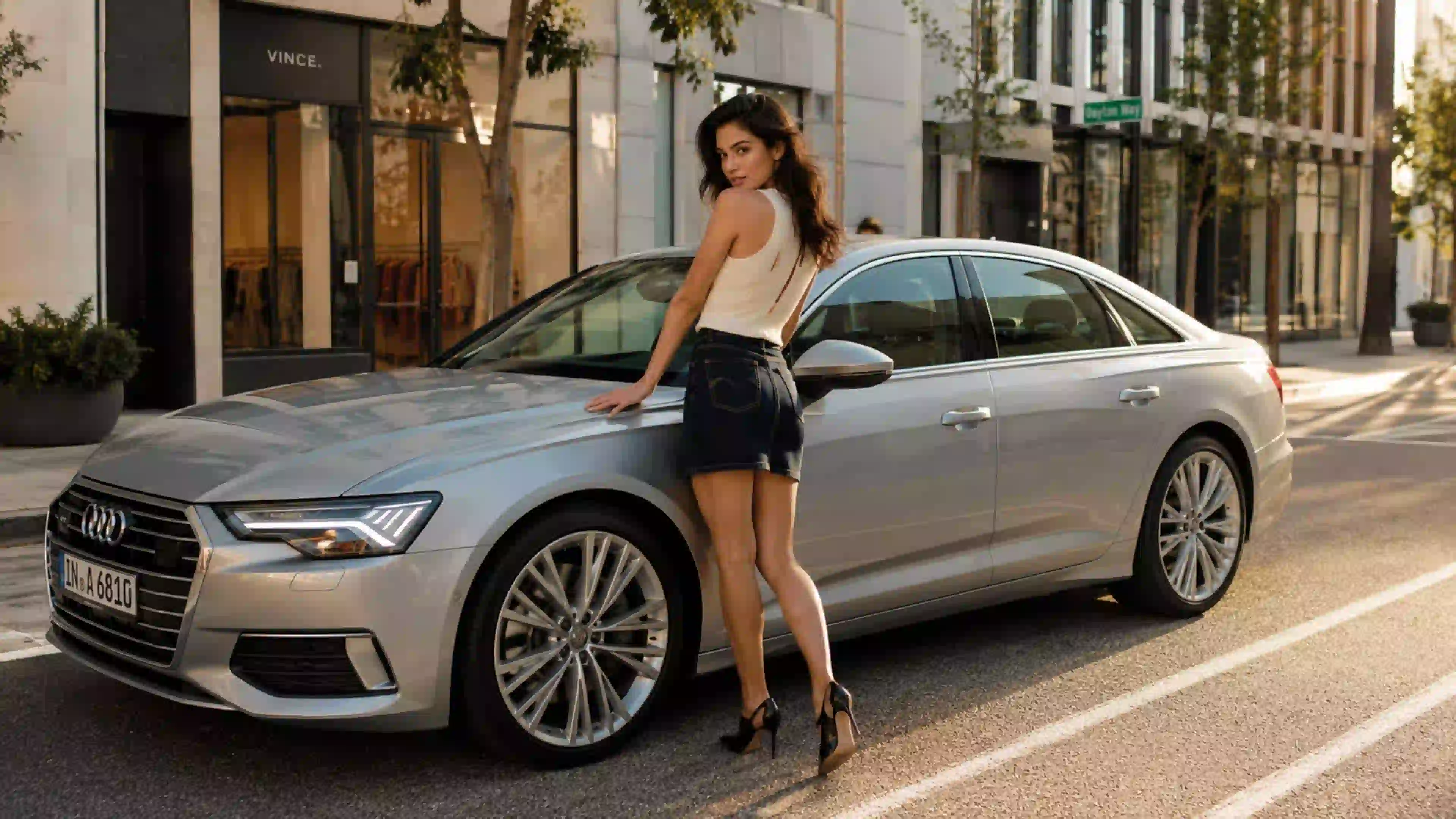 ДЕВ 00078 девушка у серебристого Audi на городской улице